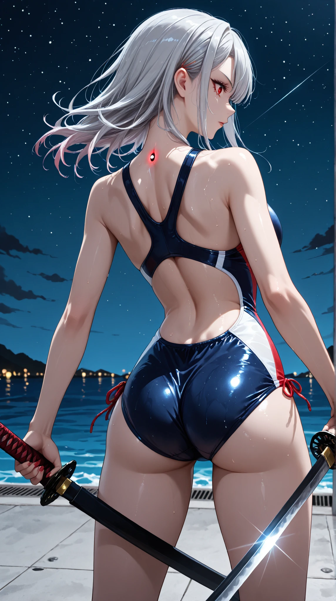 masterpiece, bikini, masterpiece, best quality, back view, hip closeup, highlight degree, dark character, watercolor theme, (see viewer: 1.1), wide hips, big ass, standing, curved, white eyes, white hair, long, hair ornament, black ribbon around the neck, butt tattoo, desire tattoo from below