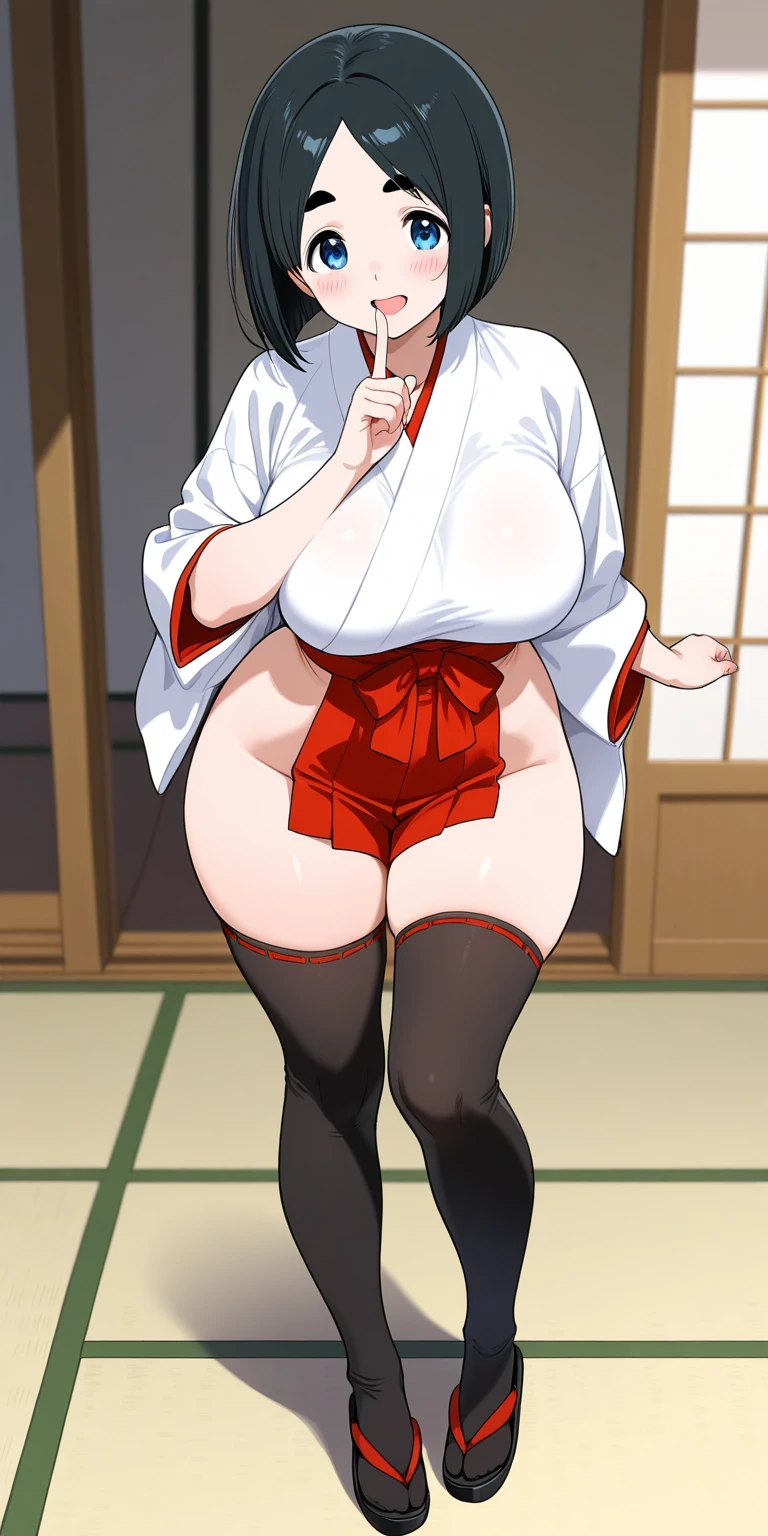 fuyumi todoroki, 1girl, Thick, ass view, solo, breasts, blush, smile, short hair, open mouth, bangs, long sleeves, medium breasts, standing, closed eyes, ponytail, white hair, :d, red hair, multicolored hair, glasses, teeth, pants, indoors, apron, two-tone hair, black bikini