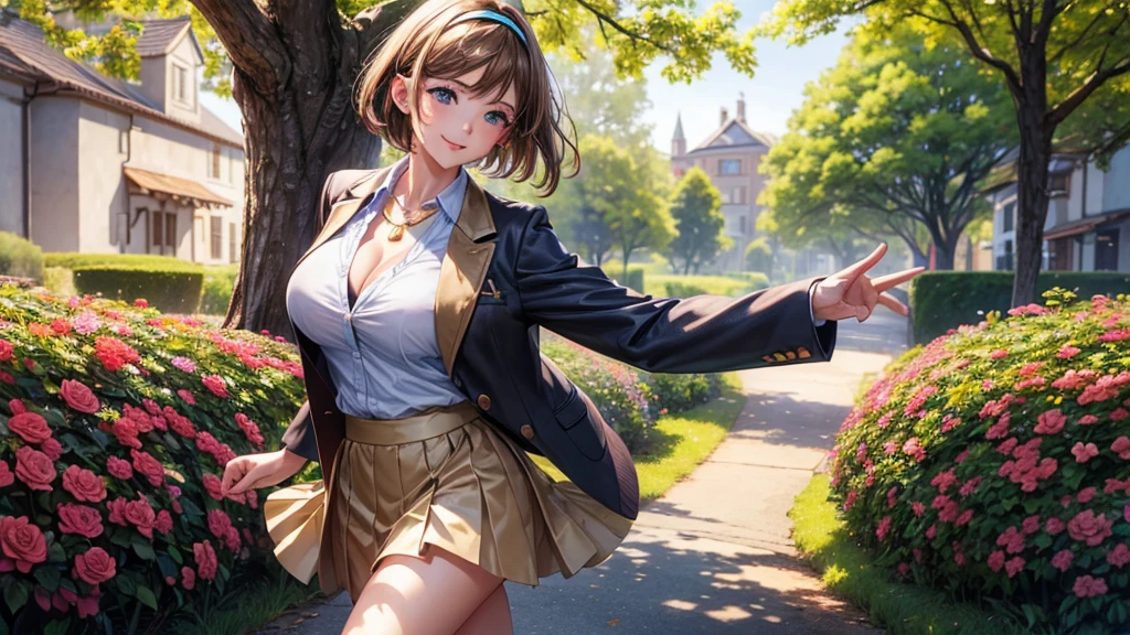 1girl, solo, ((mature girl)), spring, trees, house, fantasy landscape, flowers, butterfly, light brown hair, ponytail, ((large full breasts)), blue eyes, ((brown gold blazer)), ((white dress shirt)), ((unbuttoned shirt)), ((unbuttoning shirt)), ((cleavage)), ((black skirt)), grin, belt, shoulder bag, hair band, looking at the viewer, standing, walking, brown shoes, necklace, perfect quality, clear focus (clutter-home: 0.8), (masterpiece: 1.2) (Bokeh) (Best quality) (Detailed skin: 1.3) (Intricate details) (8K) (Detail eyes) (Sharp focus)