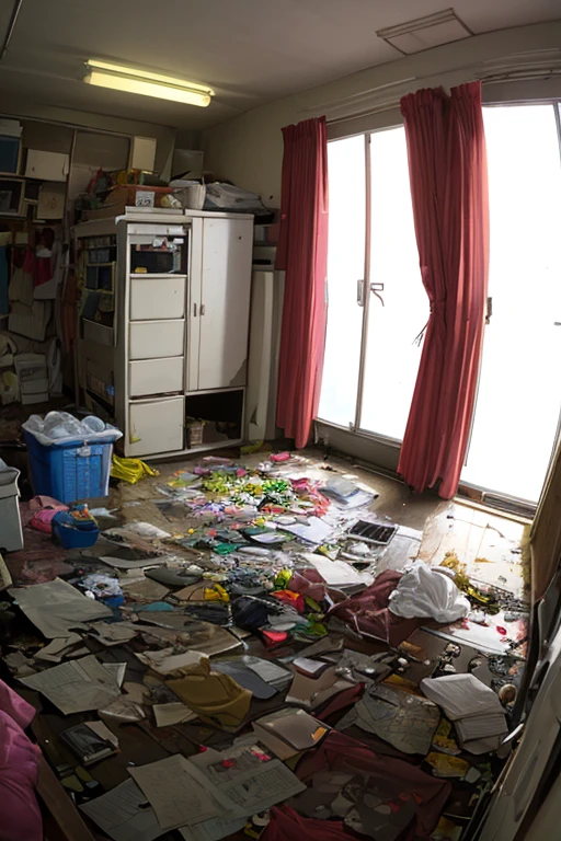 Messy room,,A lot of clothes are messed up,,The dim,unmanned,Small very dark room,Dirty room,Garbage is cluttered,Garbage bags available,total darkness,Dark,Clothes are falling to the floor,There is a bed,Small room,raunchy,No place to set foot,The curtains are closed