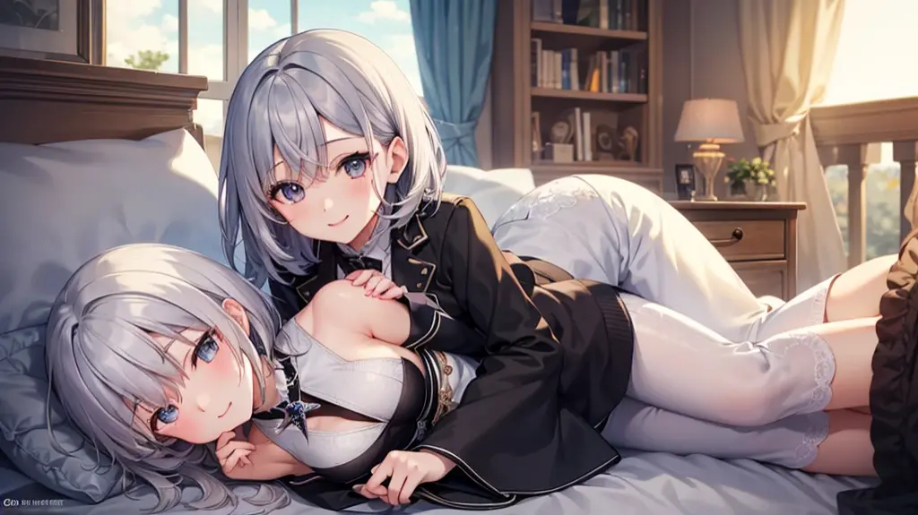 (8K, Highest Quality, Best:1.3)), Ultra High Resolution, (1 Girl, 1 Person), (Color Changing Eyes, Super Detailed, Expressive Sparkle, Sparkling, Glowing Eyes), High Definition Eyes, High Definition Face, Random Hair, (Silver Gray Color), A scene of a silver-haired woman seducing you. Her hair is short, cut in a bob, and shines softly in the light. Her hair has a few small flower hair clips, which add a lovely accent. She is wearing a green silk robe, the soft material of which fits her body gently. The sash of the robe is tied loosely, and the neckline is open, revealing her décolletage. Her eyes are a captivating blue, and her droopy eyes give her expression a sense of grace and ecstasy. Her lips are pale pink, and she is smiling slightly parted. The background is a luxury hotel suite, and the room is lit by indirect lighting with warm tones. She is lying on her back on the bed, in a relaxed position, gazing seductively at you. The camera angle is set to look up from just below her eye level, emphasizing her graceful figure and captivating expression. Soft particles of light dance throughout, creating a dreamy atmosphere.