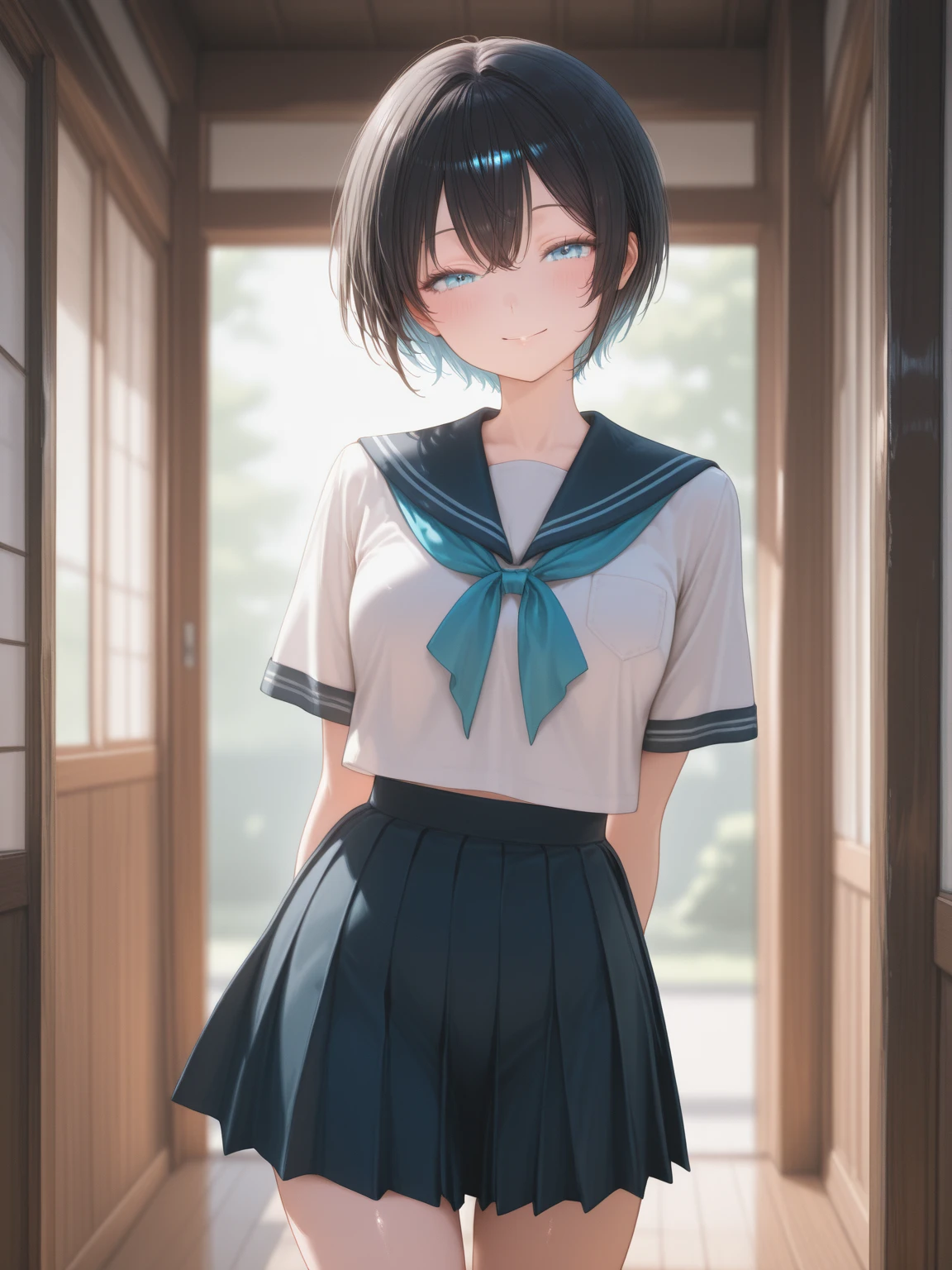 (sfw), 1girl, blush, smile, cowboy shot, dynamic angle, arms behind back, small breasts, looking_at_viewer, school_uniform, shirt, skirt, <hypernet:egami:1>