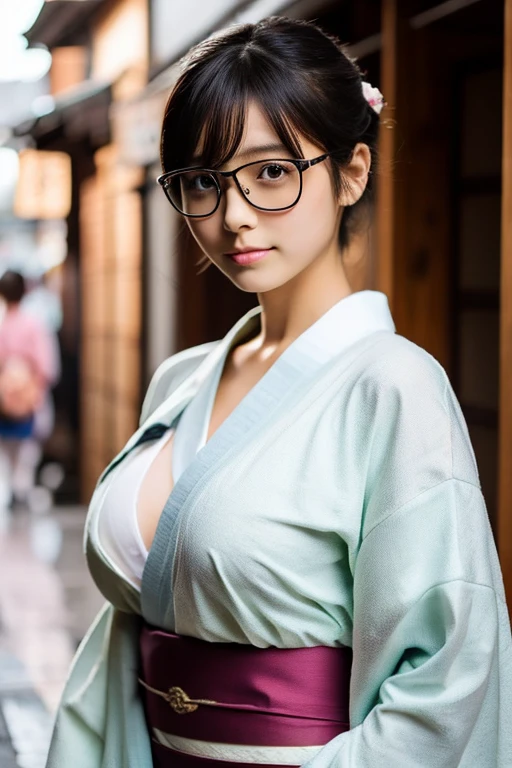Best-quality, Masterpiece, Ultra-High-Resolution, (Photorealistic:1.4), Raw-Photo, Extremely-Details, Perfect-Anatomy, 1girl, the most popular Japanese model, wearing Japanese KIMONO and glasses with cute design, face focus, extremely beautiful face like a most famous Japanese model, amazingly beautiful big black solid circle eyes, very beautiful realistic skins, very beautiful black-short-cut-haired, very beautiful big breasts, very beautiful cleavage, detailed Japanese KIMONO, detailed glasses with cute design, detailed beautiful face, detailed eyes, detailed realistic skins, detailed black-short-cut-haired, detailed big breasts, detailed cleavage