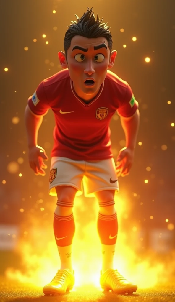 Make a picture of a boy doll, with eyes that are on fire and angry, for a soccer team logo