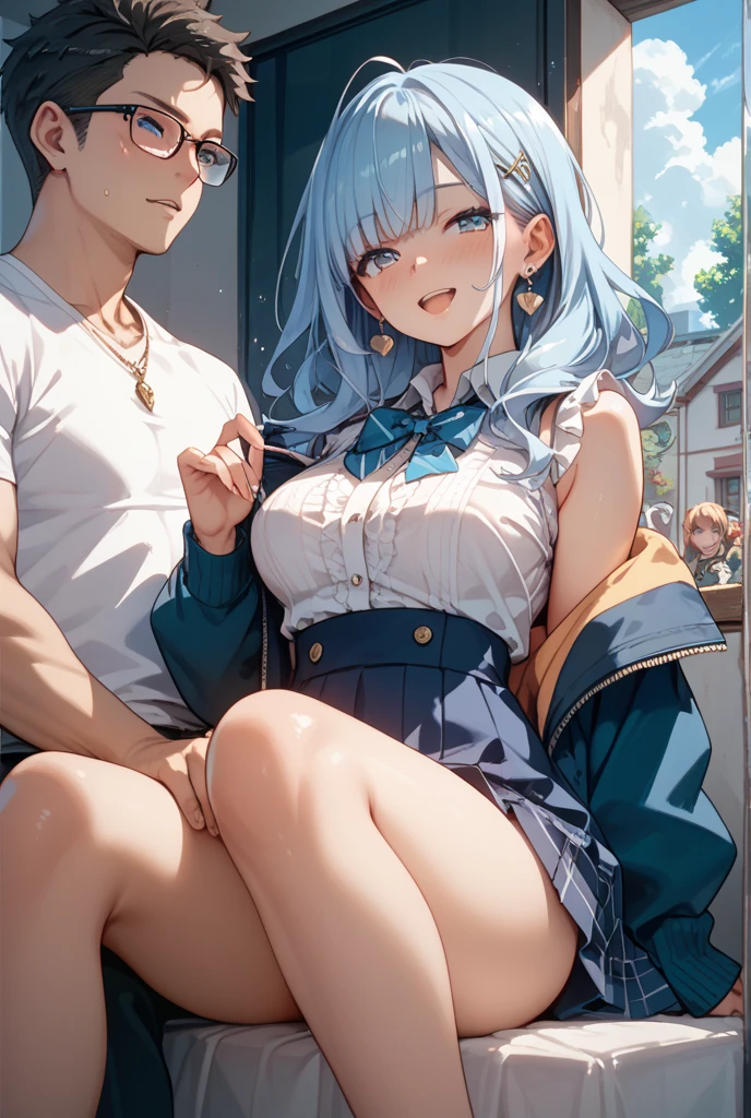 ((Highest quality、High resolution))、Beautiful woman、Perfect body、Beautiful and bountiful breasts、(tits、Nipples、Pussy、Love juice、No panties)、long blond、bangs、Blue and white、Embellished blue sexy dress、skirt、(((Having sex、A woman being raped by a group of men)))、Outdoor Scenery