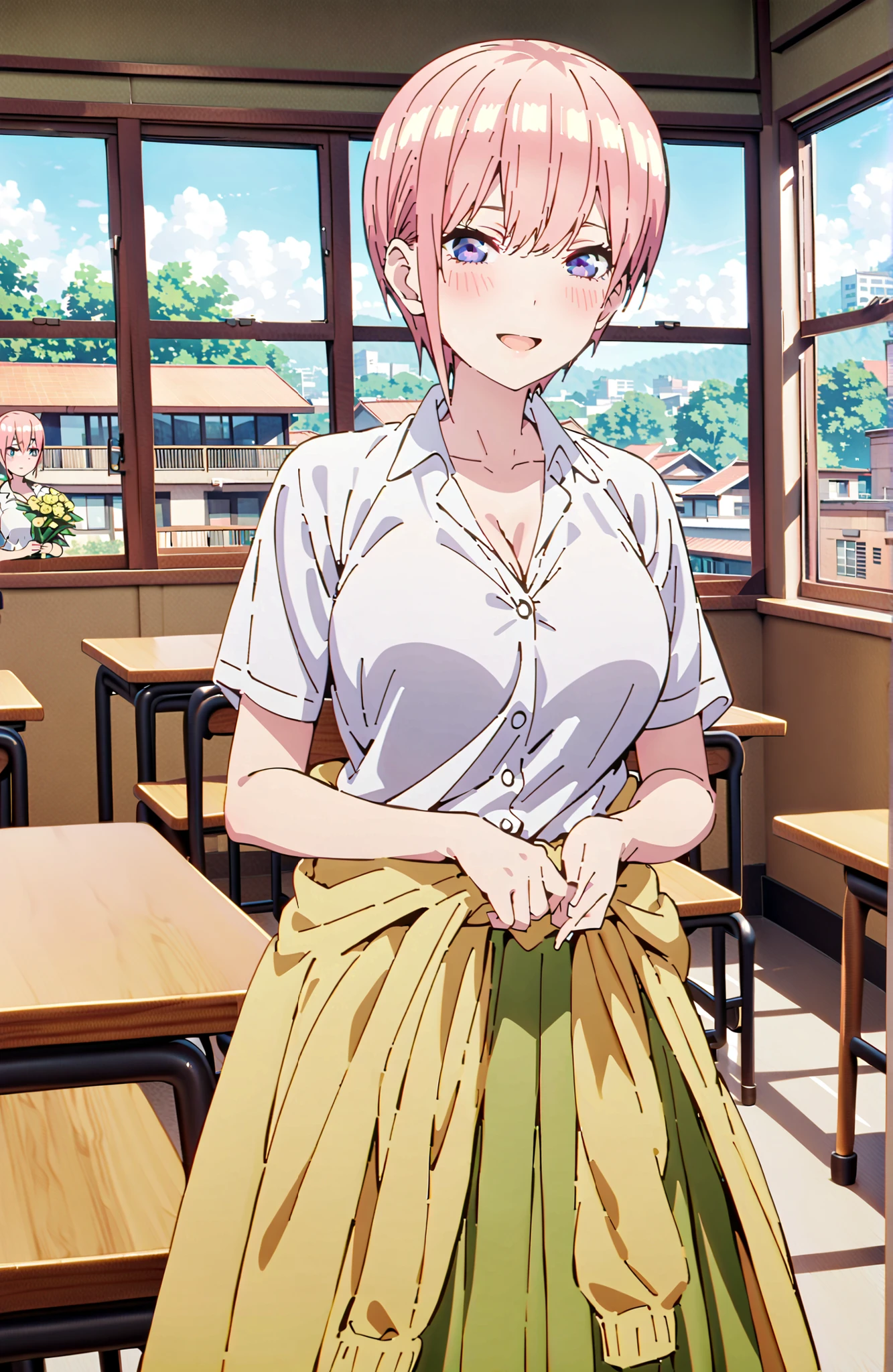 Nakano Ichika, short hair, bungs, blue eyes, hair between eyes, pink hair,Big Breasts, cleavage,in their 40s skirt, shirt, uniform, white shirt, Short Sleeves, green mini pleated skirt, collared shirt, white socks, yellow clothes around the waist,Short sleeve,I'm holding a yellow bouquet with both arms, Flower blowing snow,smile,blush,open your mouth,standing,curtains,window,machine,chairs, Beautiful Streetscapes,noon,blackboard,in their 40s indoors, Classroom,
in their 40s looking at viewer,full body,
in their 40s (masterpiece:1.2),Highest Quality ,Kampala,unity 8k 壁紙,(shape:0.8),( fine and beautiful eyes :1.6),It's a person ,full body写真,CG Details , (perfect hand in h,Complete Anatomy),