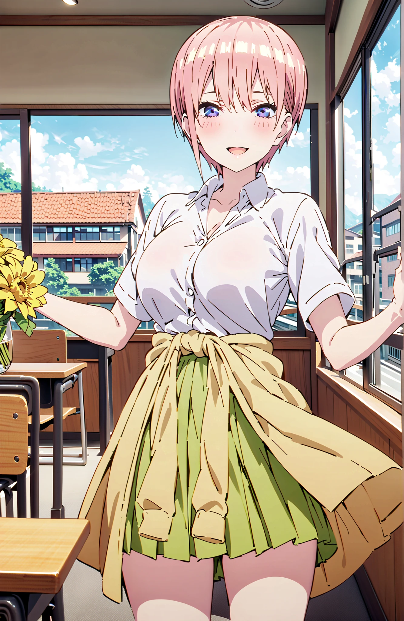 Nakano Ichika, short hair, bungs, blue eyes, hair between eyes, pink hair,Big Breasts, cleavage,in their 40s skirt, shirt, uniform, white shirt, Short Sleeves, green mini pleated skirt, collared shirt, white socks, yellow clothes around the waist,Short sleeve,I'm holding a yellow bouquet with both arms, Flower blowing snow,smile,blush,open your mouth,standing,curtains,window,machine,chairs, Beautiful Streetscapes,noon,blackboard,in their 40s indoors, Classroom,
in their 40s looking at viewer,full body,
in their 40s (masterpiece:1.2),Highest Quality ,Kampala,unity 8k 壁紙,(shape:0.8),( fine and beautiful eyes :1.6),It's a person ,full body写真,CG Details , (perfect hand in h,Complete Anatomy),