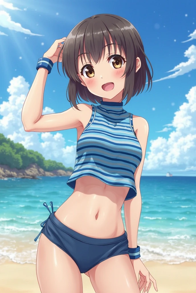Highest quality, masterpiece, Ultra-high resolution, 8k,
Show anime style , 1 Girl, Soft line drawing, Digital Enhancement, shojo anime touch, shojo manga core, Flowing fabric, close, Soft Drawing, Ultra High Definition Digital Anime Art, Clear facial depiction, Highly detailed girl manga character art, Ultra-detailed manga style, Highest qualityの色,
 (Short brown hair), Wet Hair,Beautiful brown hair, Clear brown eyes, A little chubby,Small breasts,Small Ass,(((The best open-mouth smile))),wave hands,
Summer sky,Midsummer,Playing in the water with friends on the beach,Splashing water on each other,Splattering splashes,Be excited,Sexy Swimwear,((Teasing Smile)),Half submerged in the sea,,Angle from the front,(((Face close up))),Anatomically correct hand