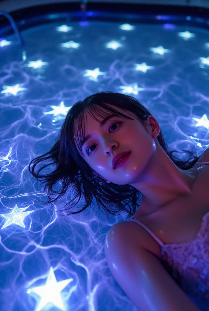 Highest quality, 8k
A close-up of the glowing pool, Fluctuation of water surface, the rippling water surface. 

creating a stylish atmosphere and an extraordinary resort feel, Instagrammable. Shooting Star Neon Sign, Neon tube shooting star. 

The water sparkles and shines, 
as if bathed in sunlight. 

A female model is lying back on a translucent pool float mat, her face up, looking comfortable. The camera focuses on her face

The water surface ripples, 
glowing as if bathed in moonlight. 
Album Cover Design, Album cover art, 
GLSHS , xijie_blue