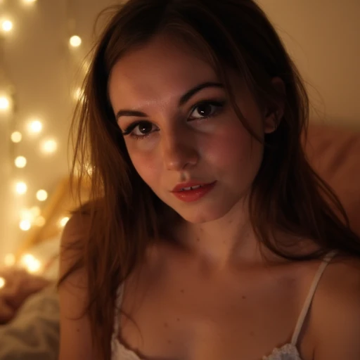 18 year old, naked, nude, bedroom, slim, looking at camera, pink bedroom, small boobs, bed, photorealistic, realistic, European, English, blue eyes, nighttime, night, night time, mouth closed, looking at camera, looking into camera, light on body, seductive, blonde, thin, straight hair, laid on back, laid on bed, smiling, happy, dimples, small nipples, flat chest, camera looking down, Birds Eye view, bob, brunette, dark hair, 18, 19, young