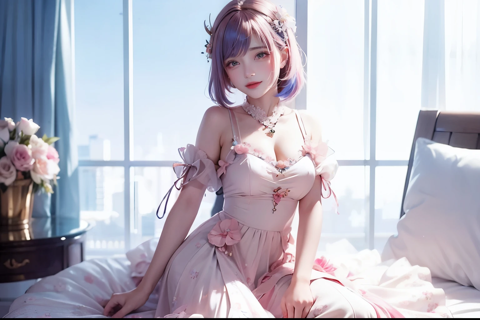 ((Highest quality, 8k, masterpiece :1.3)), (Sharp focus :1.2, Beautiful woman with perfect figure :1.4, Slim Abs), ((Big Breasts, Emphasize cleavage:1.2)), (Photorealistic:1.4), (realistic:1.4), (Pink Hair:1.5), Highly detailed face and skin texture, Fine grain, double eyelid. Makeup face, A little bit of lipstick, sex appeal, Sexy gravure pose, ((A glamorous woman in a white lace dress、On a balcony overlooking the Brooklyn Bridge in New York、Sexy pose showing off legs。:1.3))
