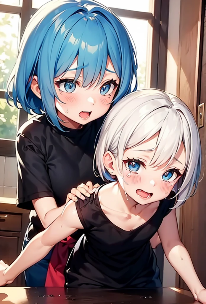 (masterpiece, top quality, very aesthetic, 4k、illustration), intricate detail, 2girls,Standing 、(cowboy shot)、forced smile、()、yuri,
Cute 、Random Hair Color、,middle hair,sidelock ,aqua eyes Color、Casual attire、small breasts、Slim 、