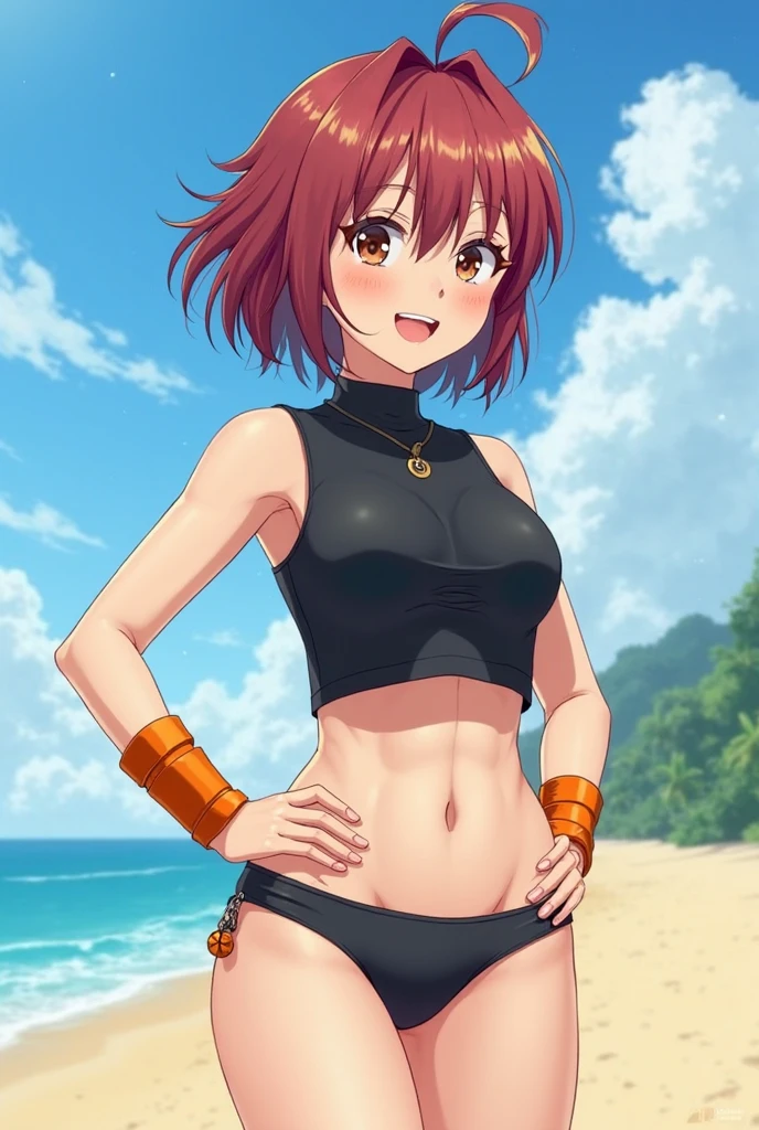 足を組んで床に座っているレッドの髪のAnime Girls, Anime Girls, Anime Styleキャラクター, clothing:Black Tank Top, Wearing denim shorts, Anime Styleで, Big Breasts, had large breasts, Anime Style, Anime Style, Muscular Woman, Knight of the Zodiac Girl, Medium Hair, Red hair, In anime style, plain tank top, Feminine and muscular, Skin tight tank top, Bare Arms, Bare shoulders,