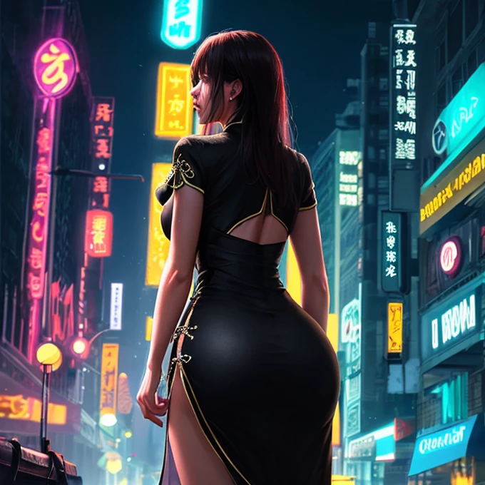 award winning cinematic photo of girl 20 year old standing outside a 50s diner, (samurai female), very beautiful samurai, female samurai, katana, demon samurai, from arknights, demon samurai warrior, kunoichi, dramatic wielding katana pose, (super huge breast: 1.1), neon signs, neon light, rainbows, shiny, reflective, rtx, disco diffusion, synthwave, bokeh background, reflections, black background, rtx, unreal, octane render, 4k
