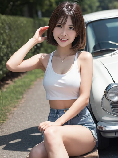 (highest quality:1.5)、(Realistic:1.5)、(1 person:1.5)、(Upper Body:1.5)、Very detailed、High resolution、8k wallpaper、、Small breasts、Natural color lips、Cute Smile、Japanese women、20-year-old girl、Beautiful and elegant face、Perfect and beautiful face、Big eyes、Brunette eyes、Beautiful and elegant face、Natural double eyelids、Natural Bangs、Beautiful thin nose、Beautiful Skin、Chestnut Hair、Medium Bob Hair、Short Hair、Natural Bangs、Perfect and beautiful face、Slim face and figure、(Looking at the camera with a cute expression)、Bright lighting、Professional Lighting、Forward lighting、Cute Smile、Summer blue sky、Grass park on the mountain、Look at the viewers、Low-angle composition、(Staring at the camera with a cute expression)、(Lighting the face)、Bright lighting、Professional Lighting、Forward lighting、Cute Smile、Beautiful clavicle、Beautiful feet:1.2、Smooth Skin、Beautiful cleavage、Tank top、hot pants、Sit on the grass、wariza, Place your hands between your legs、Beautiful thighs、Sit down、Leaning forward、Shots from low angles、Girl sitting、seiza、