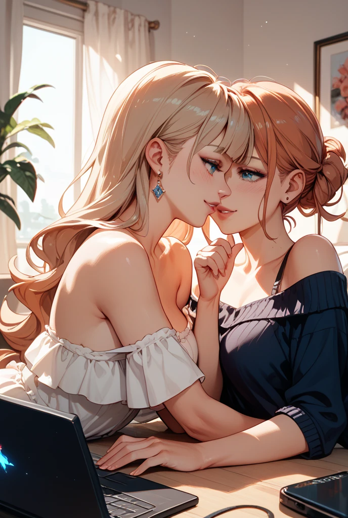 Female couple kissing woman in white shirt in bathroom, (SFW) Work, kissing together cutely, Girl Love Art, OPPEIN, Side milk, Slightly saggy big breasts, small breasts, (((Extra long yellow curly hair))), (((Shoulder-length brown side-parted short hair))), (girl love kiss), The mouth is very detailed, (girl love hug), touch her clothes, touch her breasts, SFW version