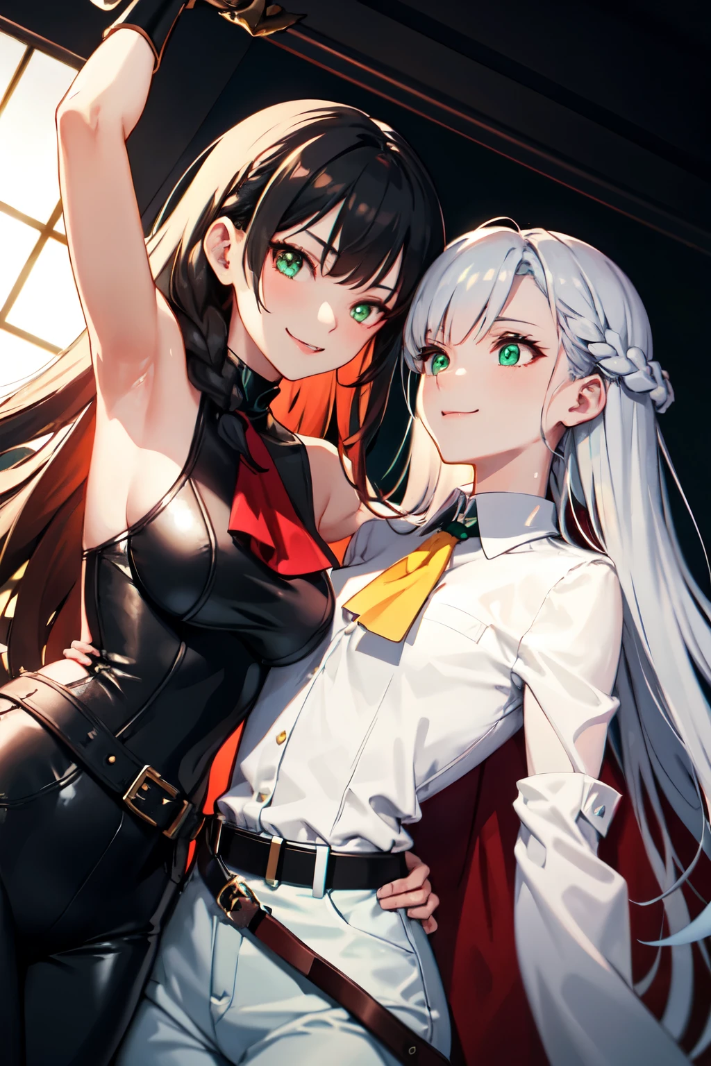 masterpiece,Highest Quality,high resolution,cinematic lighting,dramatic angle,2 girls,braid, Gold,glowing eyes,shading face,white jacket,belt,High Waist Pants,Red Ascot,black pants,white shirts,multi colored hair,GREEN EYES,Glowing sealed cube,viewers looking straight up,glowing eyes,grasp,armpits,Girl Licking Armpits,Evil Smile,