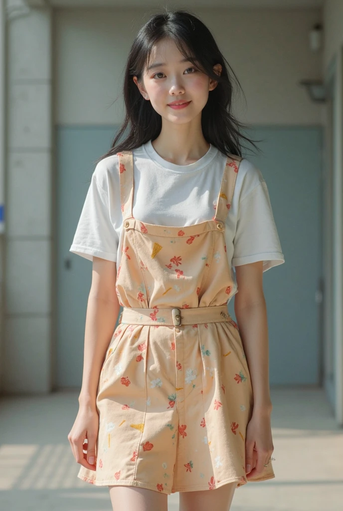 Masterpiece, Best quality, Realistic, 1人, cute female, cute female child, 20-year-old girl, Very attractive girl, Extremely detailed face, ((dark gray eyes)), ((with short dark brown hair)), [Slender eyebrows], Detective, International city, orange t-shirt，pink apron，Leaky shoulders，Bigchest，high-heels,Cute socks， Cinematic lighting, Take the spoon, Postural dynamics,eyes looking at viewer，Stand in the kitchen，In stir-frying，There was cutlery，The kitchen door is open