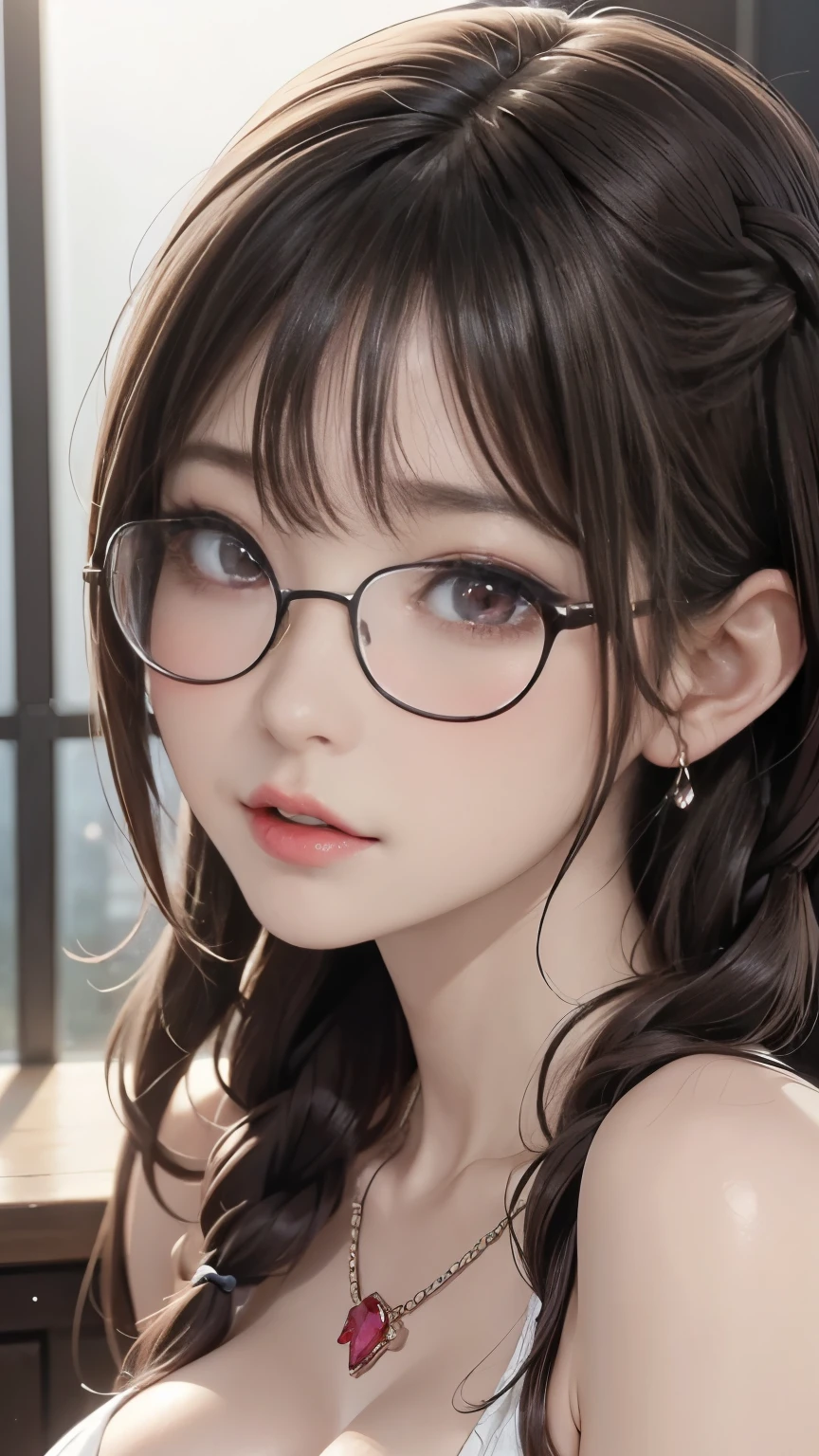 (top quality, The best illustrations,high resolution:1.2), (horror fantasy:1.5), (((evil eyes,Well-trained abdominal muscles))),(Fatal Beauty,Attractive beauty) ,(A supple and powerful physique),(Sensual charm),(Mysterious charm:1.1),(Captivating silhouette), (ink and watercolor:1.5),(Ominous Scenery :1.5),(wonderful:1.5),(masterpiece:1.5),(Ecstatic expression:1.5),(orgasm:1.5),(Powerful figures:1.1、Big Breasts:1.3),((((Glasses,close up sexy shot,cute,red eyes,Evil Ruby's Cursed Necklace )))),(((Glasses、Big Breasts,braids))),pretty face,  raise my eyebrows , ,(Fatal Beauty,charming beauty ),(Mysterious charm:1.1),(Big Breasts、Attractive silhouette),HD texture 、High Quality Shadows,beautiful and delicate face,Beautiful and delicate sticky liquid dripping from eyes,ray tracing,20th generation,cute K-POP girl、(The Face of Korea)、Thin face、(Ulzan-6500-V1.1:0.6),The face of pure loss _v1 , (beautiful and delicate face ,  beautiful and delicate eyes,  Perfectly Balanced Face,high definition skin,detailed skin,The optimal ratio is 4 fingers and 1 thumb :1.25),dslr,One Beautiful Devil Woman from Hell,seductive girl,Real Girls, Gurwitz,Gurwitz style Artwork,Girl Roleplay, Realistic 3d style, cgstation Popular Topics,face up,  8K portrait rendering,(truth，truth：1.4),(Girl in Glasses :1.2),cheek,glossy lips, 1. Oversized Coat: The coat、 Choose an oversized design that covers from shoulders to knees.。Navy or black are the standard colors.、soft khaki or beige,Choose a color that suits the season。 2. choose a color that suits your skin : To protect yourself from the cold,choose a color that suits your skin, a close up of a woman wearing glasses and a bra top, with glasses, artwork in the style of guweiz, seductive anime girl, photorealistic anime, photorealistic anime girl render, kawaii realistic portrait, realistic anime artstyle, realistic young anime girl, hyper realistic anime, hyperrealistic schoolgirl, a hyperrealistic schoolgirl, attractive anime girl, guweiz