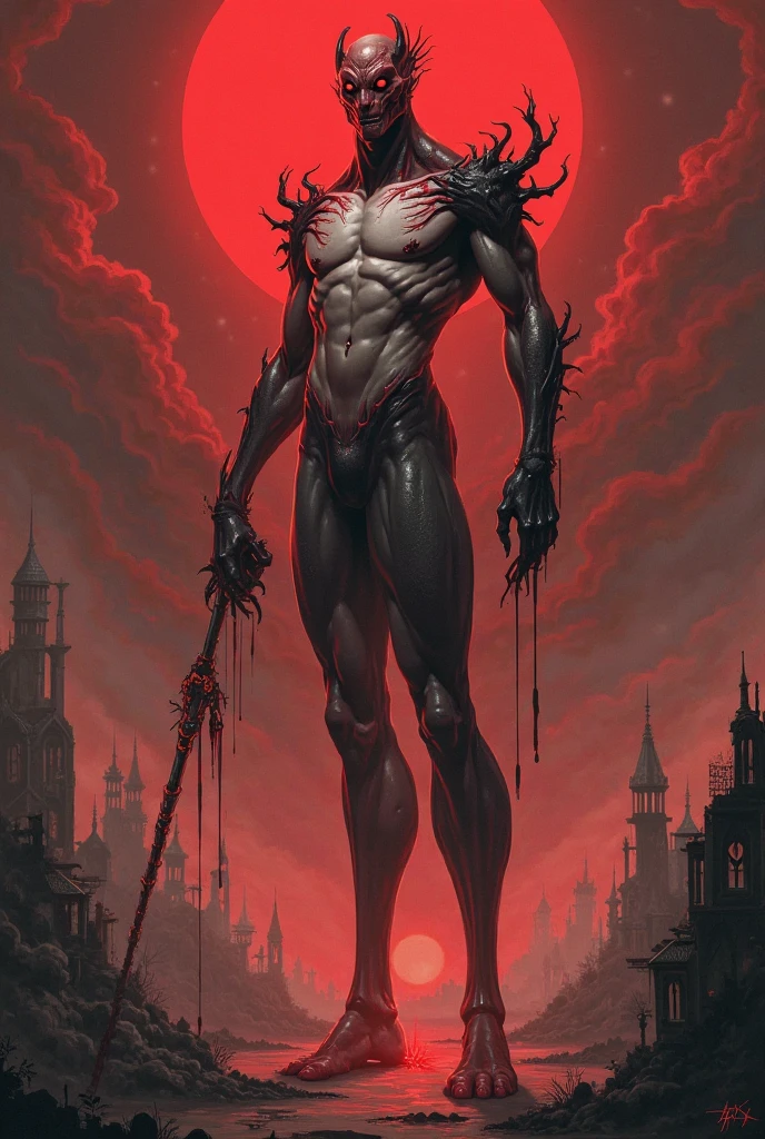 (8k, RAW photo, highest quality), full body, shirtless, abs, Masterpiece, photograph, portrait, elias ainsworth, skull, horns, solo, vines, thorns