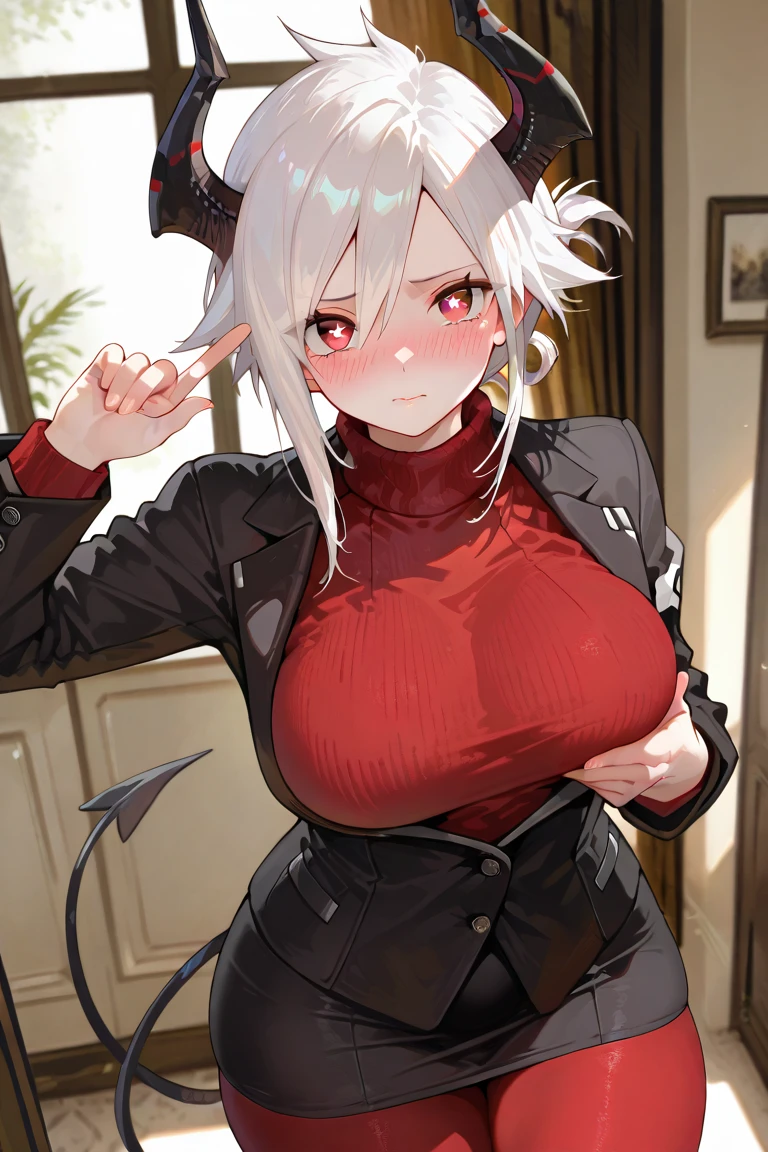 ((Best Quality, 8K, Masterpiece: 1.3)), 1girl, Beauty: 1.3, (Hairstyle Casual ,short white hair, Big Breasts: 1.2), black outfit: 1.1, Super Fine Face, Delicate red Eye color, green earings shaped like a cross, no sleeves, red cloak attached by gold round pins at the chest falling off shoulders, thigh high black latex,