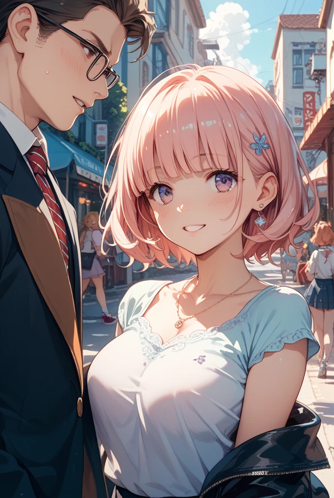 masterpiece, Highest quality, High resolution,(throw_hand grabbing chest),,One girl, One boy,Age difference,bow tie,Blonde,chest,Long Hair,Pink Hair,pleated skirt,Tucked in shirt,short hair,skirt,smile,Tent shirt,amusement_garden