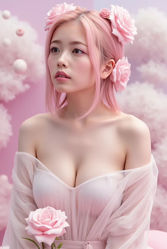Top quality, RAW Photo, Highest Quality Image, 16K, Full body, Age 18 years old, Realistic, Photorealistic, Beautiful Asian Girls, Sexy, Perfect slender body, White pale skin, Beautiful hair, Wavy hair, Pink Hair,, Short hairstyle, Detailed face, Detailed body, Detailed skin, Double eyelids, Big eyes, long eyelashes, bright eyes, green eyes, natural lips, detailed lips, slender legs, thin waist , small hip, Naked, Pussy, Hairy, brown nipples, very saggy breasts, big breasts , small thighs, posing in flowers field, pink tone light , soft light , light wind