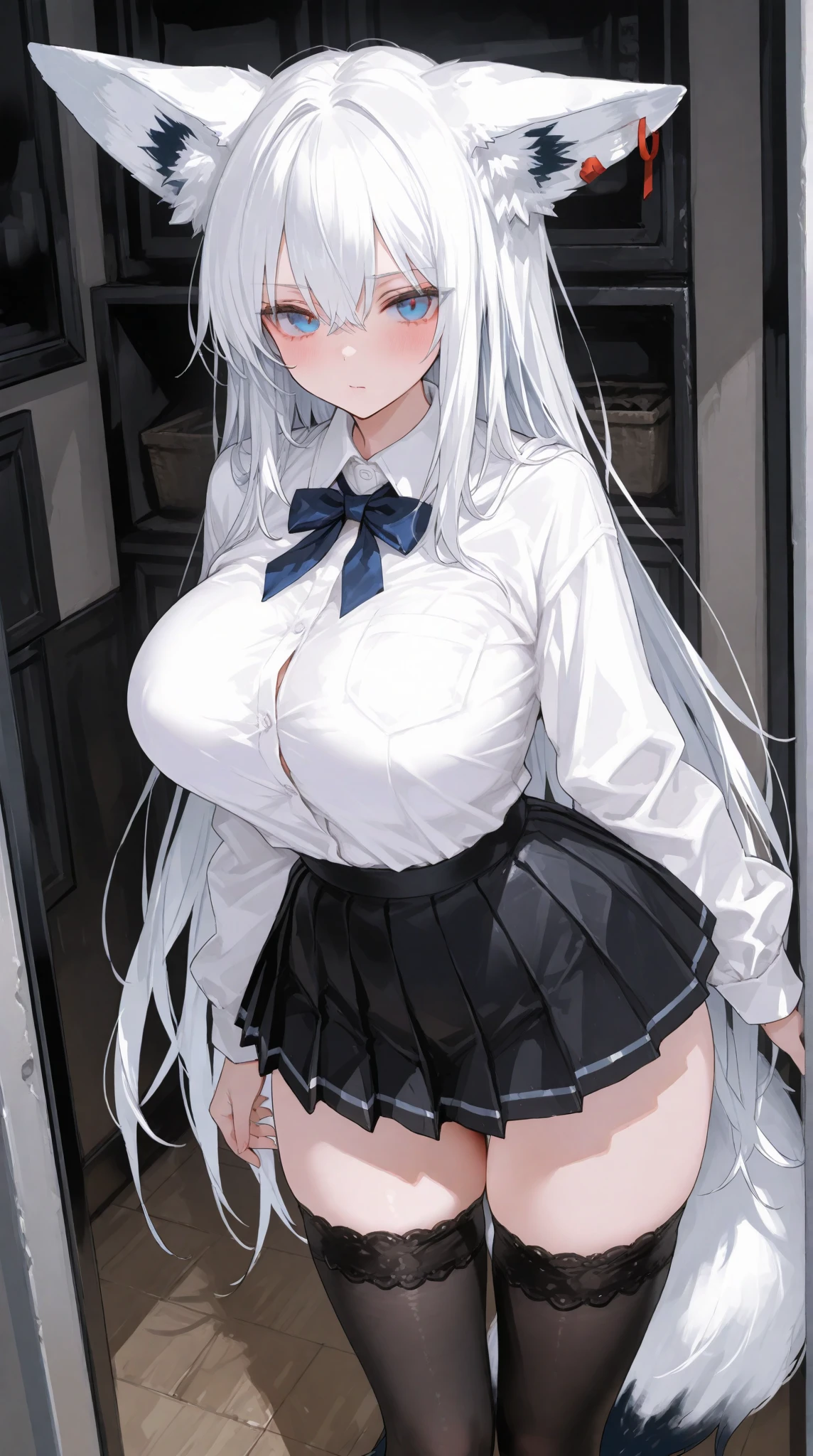highest quality, masterpiece, Exposed breasts、Big Breasts、Nipples、2 people、Silver Hair、Long Hair、straight、blush、whole body、share、Pussy、Z Cup、Nice breasts,big breasts、Skirt and pants taken off、Unbuttoned red and black checked uniform、Drenched in water、2 peopleで、sex、sexy、Wide Hips、Big Ass、Plump、Knee socks、Sex、Brat
