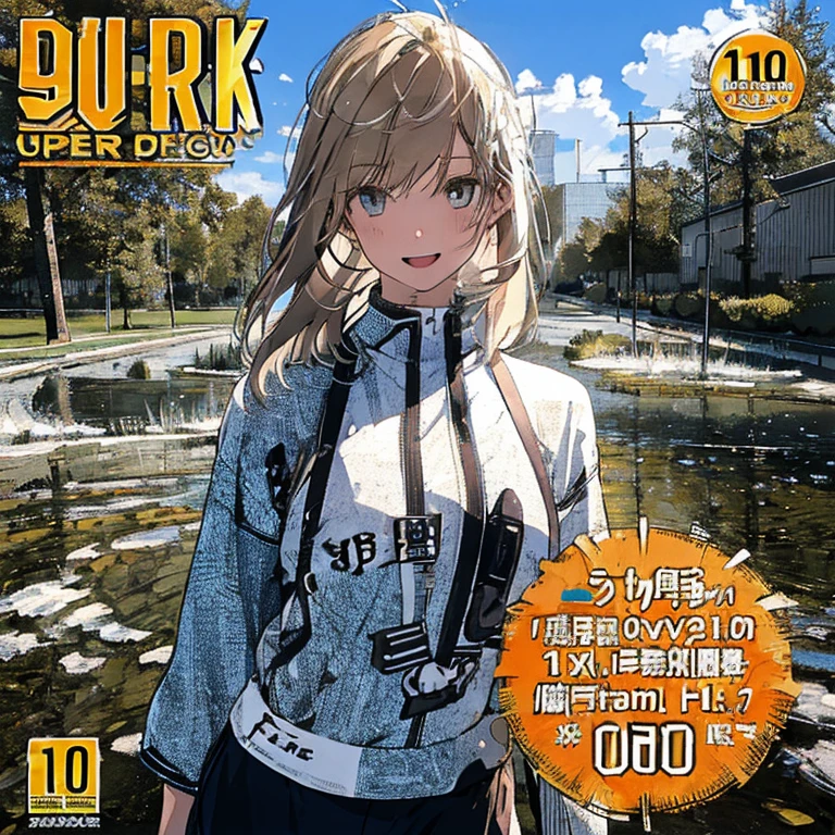 1girl, solo, long hair, looking at viewer, blush, blue halo, standing, (sweater), (jeans:1.1), white choker, sleeveless sweater, light brown hair,blue eyes, huge breasts, thick thighs, wide hips, asuna \(blue archive\), smile, hands on hips <lora:Dishwasher_style_v1:1>