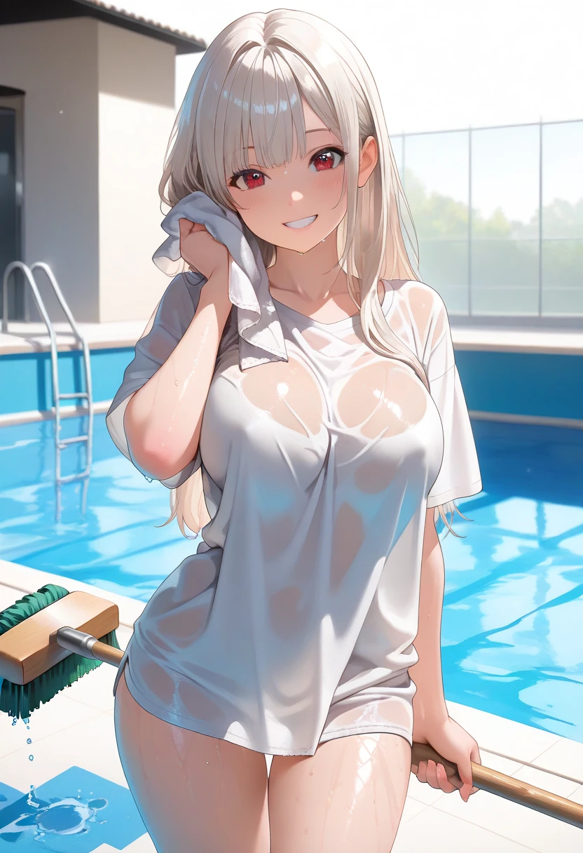NSFW , (Highest quality:1.5, High resolution, 4K, Detailed lighting, Shaders), Illyasviel von Einzbern alone, Cowboy Shot,Long Hair, Gray Hair, Red eyes, ((Swimsuit))++ M-shaped foot Sexy Looks Seductive gestures atmosphere Super blushing Realistic locker room Sleep on your side, nude, Sweat, Shiny skin, Heavy breathing, ( Sex, Sexual intercourse, put in, Heterosexual, Moving lines, Motion Blur, Talking Spirit:1.1), (level, On my back, bed,Subjective:1.1)( On the body / Bukkake with excess semen splashing)