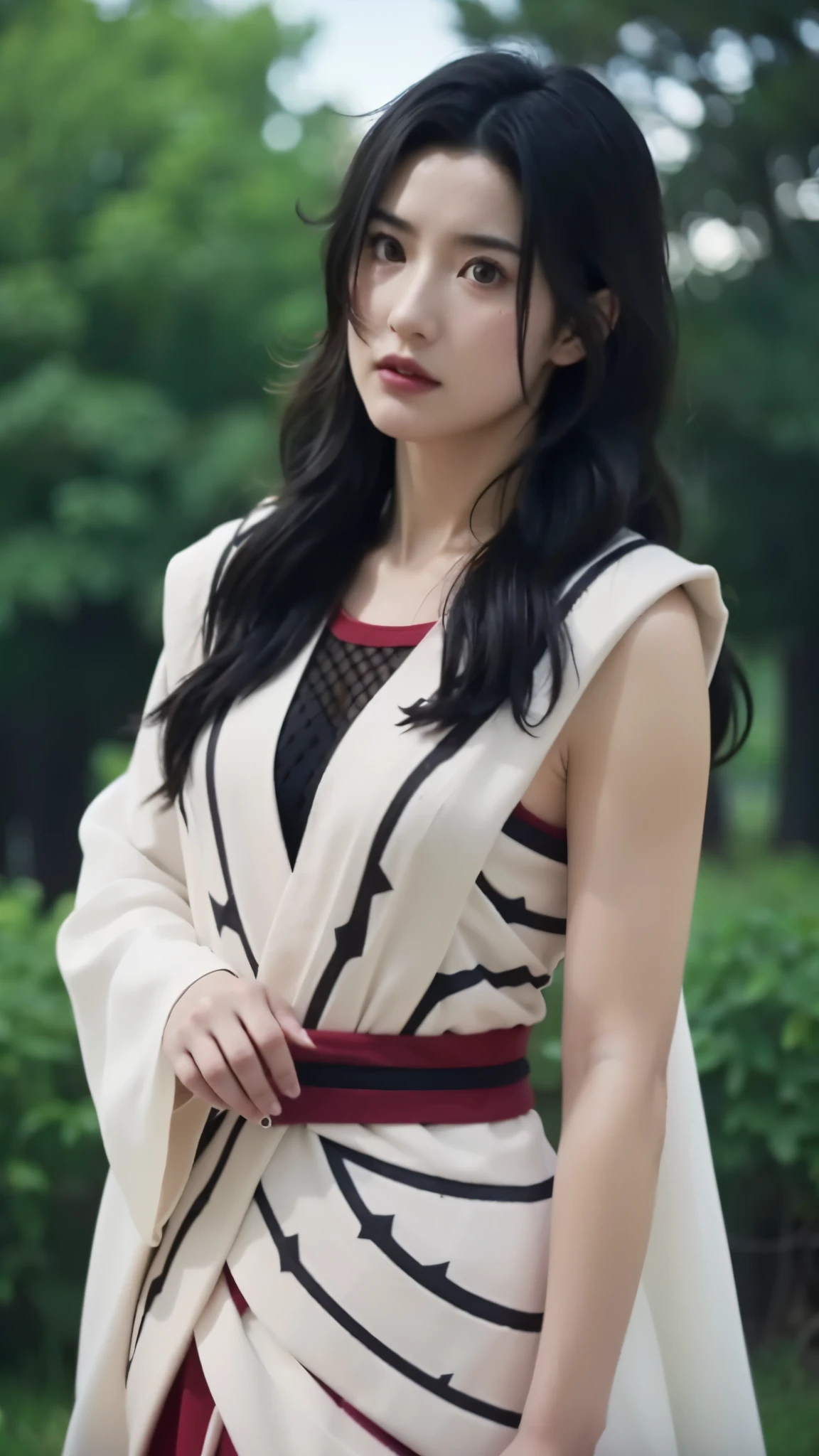 "A hyper-realistic depiction of Kurenai Yuhi from Naruto Shippuden in real life. A beautiful woman with fair skin, long black wavy hair, deep red eyes, and a calm, graceful expression. Wearing her signature mesh-style outfit with a long white robe, modernized slightly for realism. Standing against a natural forest backdrop with soft morning light filtering through the trees. Detailed textures — realistic skin, flowing hair, fabric transparency and mesh detail. Ethereal, serene atmosphere, cinematic soft lighting. 8K resolution, ultra-detailed, photorealistic style."