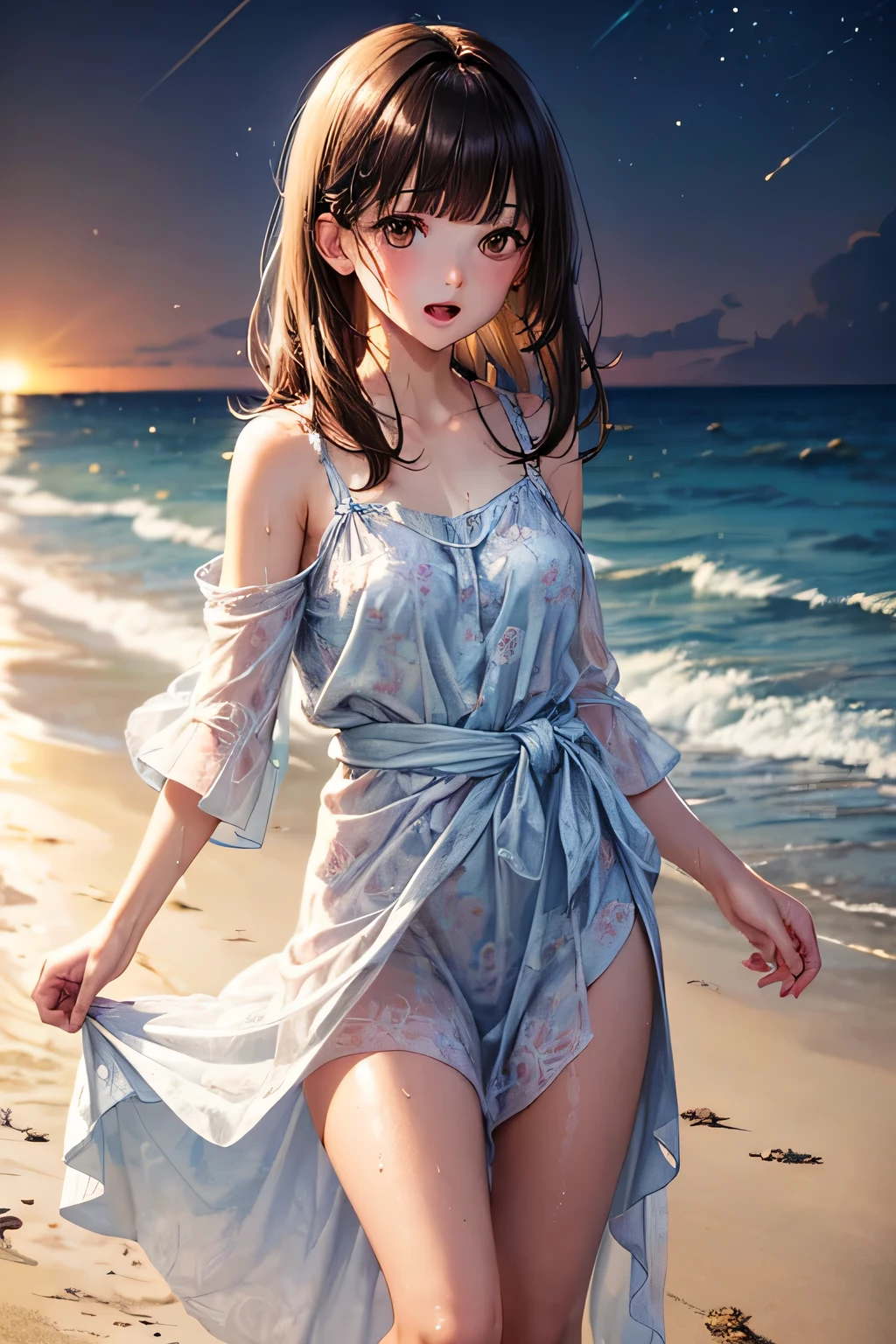 garments:Soaking wet and translucent dress:1.1,and strappy sandals、 accessory:shell necklace、 The hair:Soaking wet hair:1.1、 make - up:natural, Glowing skin、Wearing sweat, BEReaction:relax、Free-spirited、 The location:the beach、Resort、outdoor festival、big breaks,4K, (Raw photo: 1.2), (Realism: 1.4), (masutepiece: 1.3), (exquisite detailing: 1.2), Delicate and beautiful details, (Eye Detail), (Facial Detailed), (Highest Quality) :1.4), (Hyper-Resolution: 1.2), cinematric light, (very detailed illustration), (Best Quality, Super Resolution, depth of fields, Wide light, natural shadows