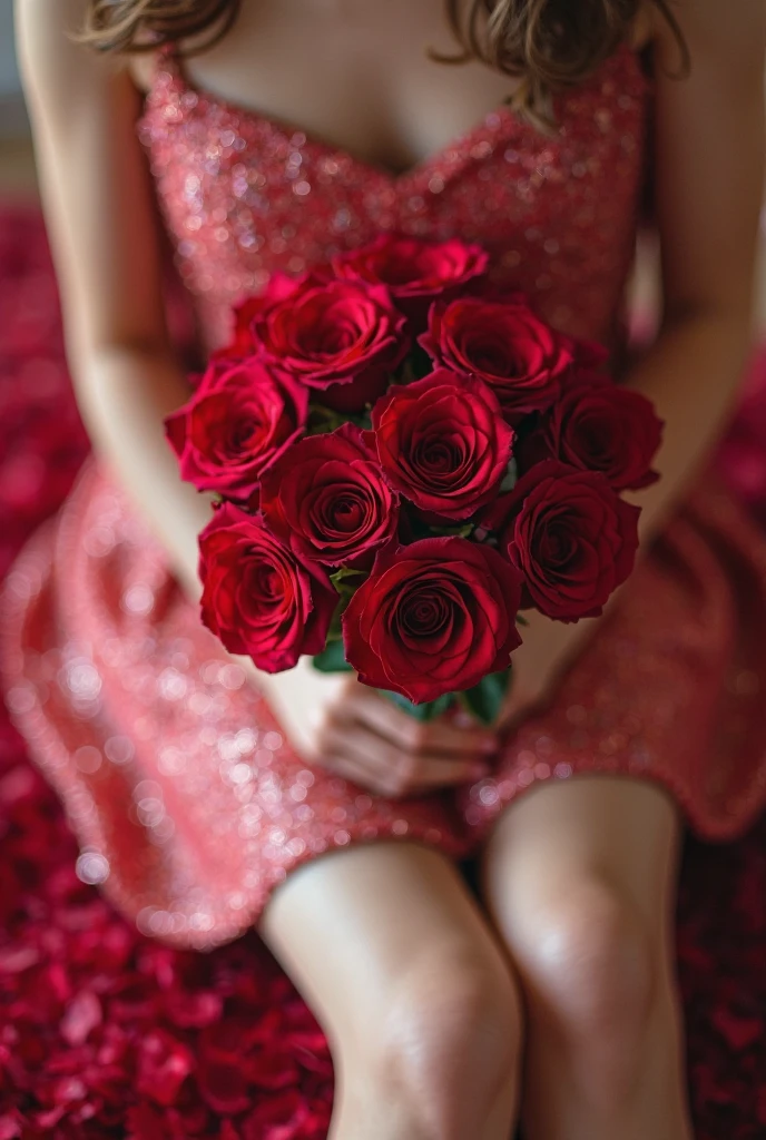 Giant bouquet of roses with woman's hands holding them