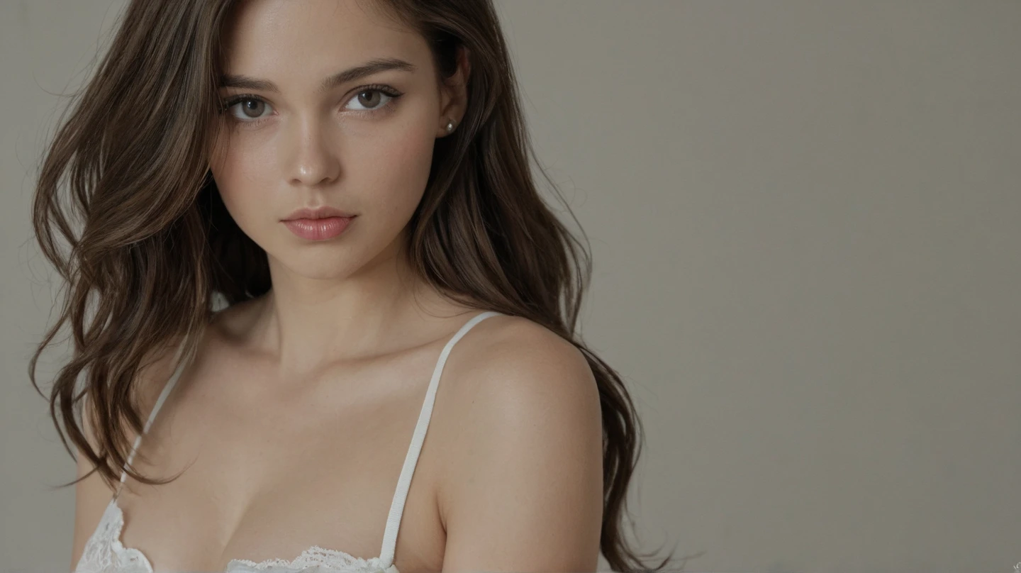 22 years old woman, supermodel face,very thin face, very thin pointy nose, extra thin eyebrows, athletic body, very busty, in a white long corset dress showing neckline, brunette wavy hair, blue eyes, short hair, serious face, on all fours