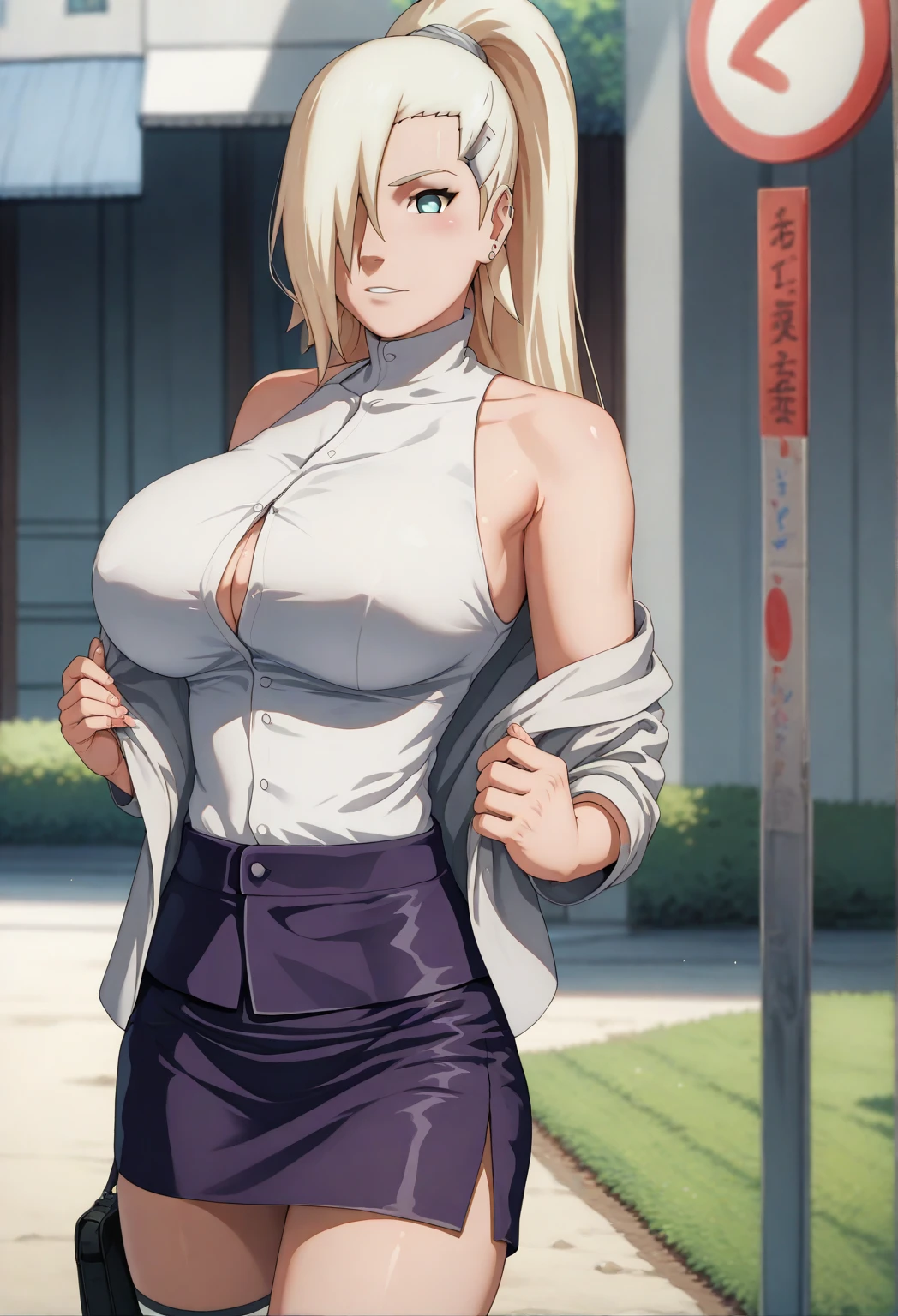masterpiece, score_9, score_8_up, score_7_up, source_anime, best quality, extremely detailed, 1girl, milf, solo, zeta, (large breasts:1.8), ((((blonde hair), medium hair, purple eyes, cat ears, blonde cat tails))), purple lips, (((open hoodie, tanktop, crop top, navel, medium skirt, pantyhose))), ((light smile), closed mouth), ((outdoor, ruined city))