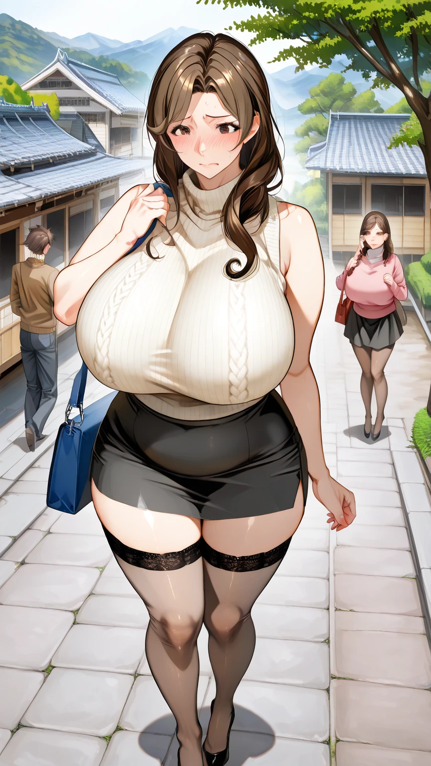 100 busty mature women wearing resort dresses in train station, huge breasts ,(covered nipples:1.5)