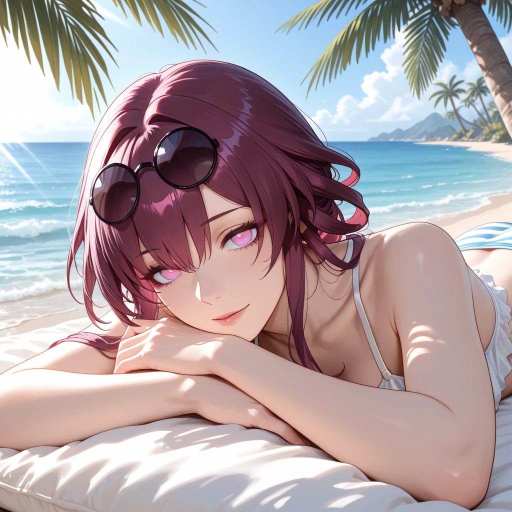 Obra maestra, Ultra detallado, Solo 1chica, solamente, oficial, purple eyes, (empty eyes:1.2), Full Body Swimsuit, 1girl, Mirando al espectador, They are smiling, sonrojarse, Backgroud de playa,