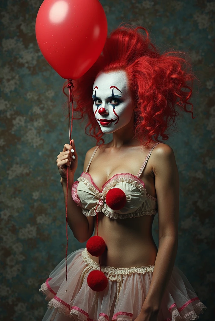 (masterpiece, 8K, UHD, RAW), a sexy girl kissing a evil clown in bed, (((a beautiful young woman riding on top of one huge horrific circus clown with a red nose))), (she rides the male Clown with lustful femininity), her beautiful body is covered by a sheer translucent white tunic with Art Nouveau embroidery, big sexy perky breasts, her pristine delicate features contrasts with the horrendous menacing fangs of the corrupted male clown, full body vibrant illustrations, intricately sculpted, realistic hyper-detailed portraits, queencore, depicts real life, the scene happens in a luxurious Art Nouveau boudoir with studio illumination, red and teal silk satin, Sexy smile,