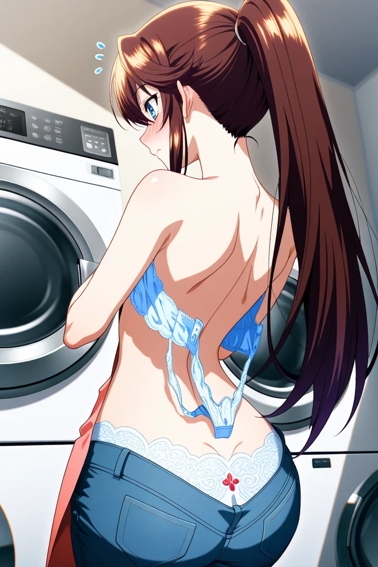 sunset shimmer, medium breasts, naked, white tank top, pokies, black panties, laundromat, washing machines, dryers
