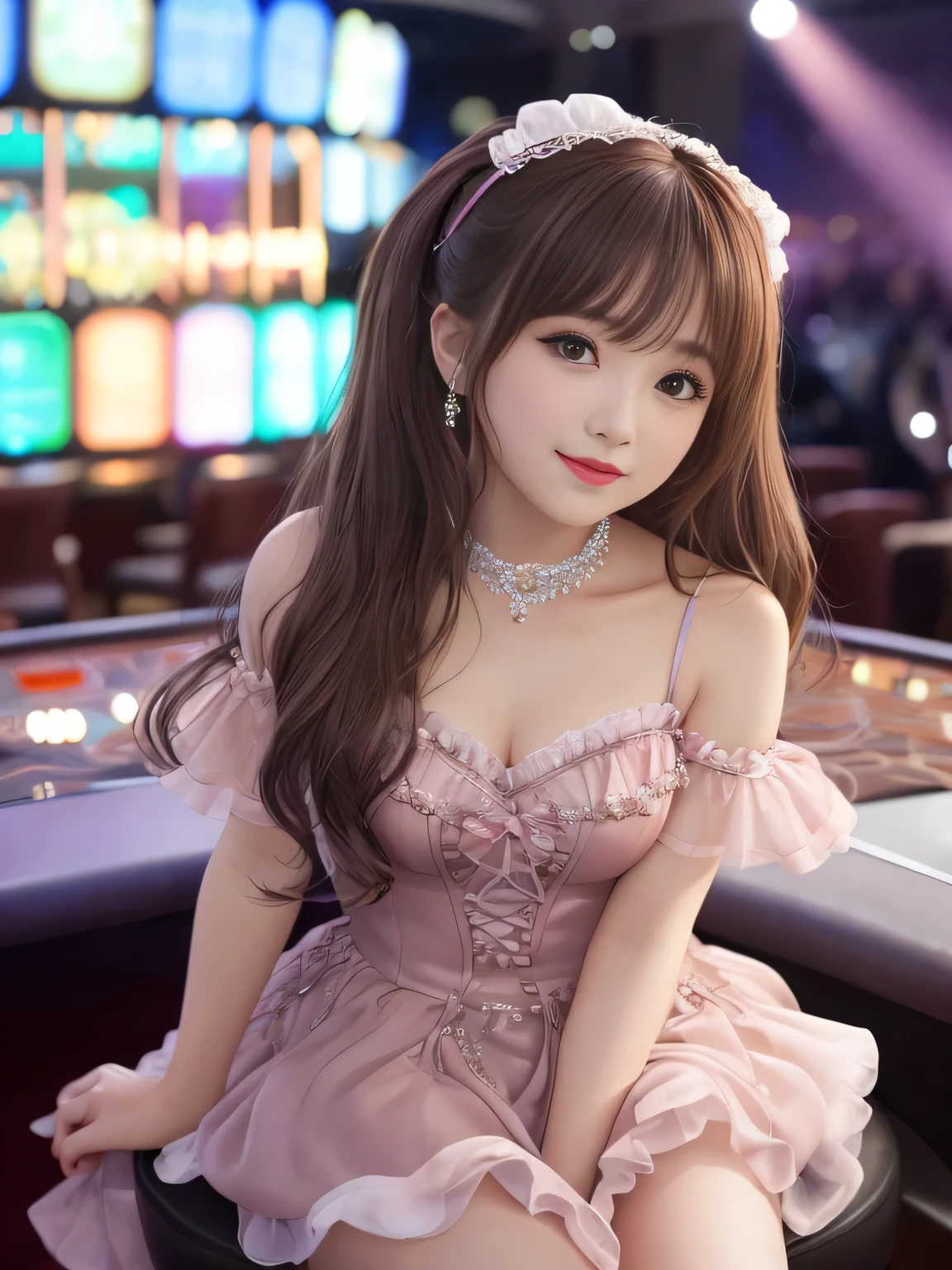 (Highest Quality)、masterpiece、hyperrealism、amazing highlights、(lively cabaret club at night、
sparkling champagne tower、underground casino bar、Live feeling 、Girls in dresses)、Sexy woman、lustrous brown hair 、
middle twin tail、circlet、 cute、Red lips、Laughter 、idol dress、little character、
acrobatic angle、amazing beauty、cloak、magic wand on the hill、Taken with X-T4、85mm、Blurred back