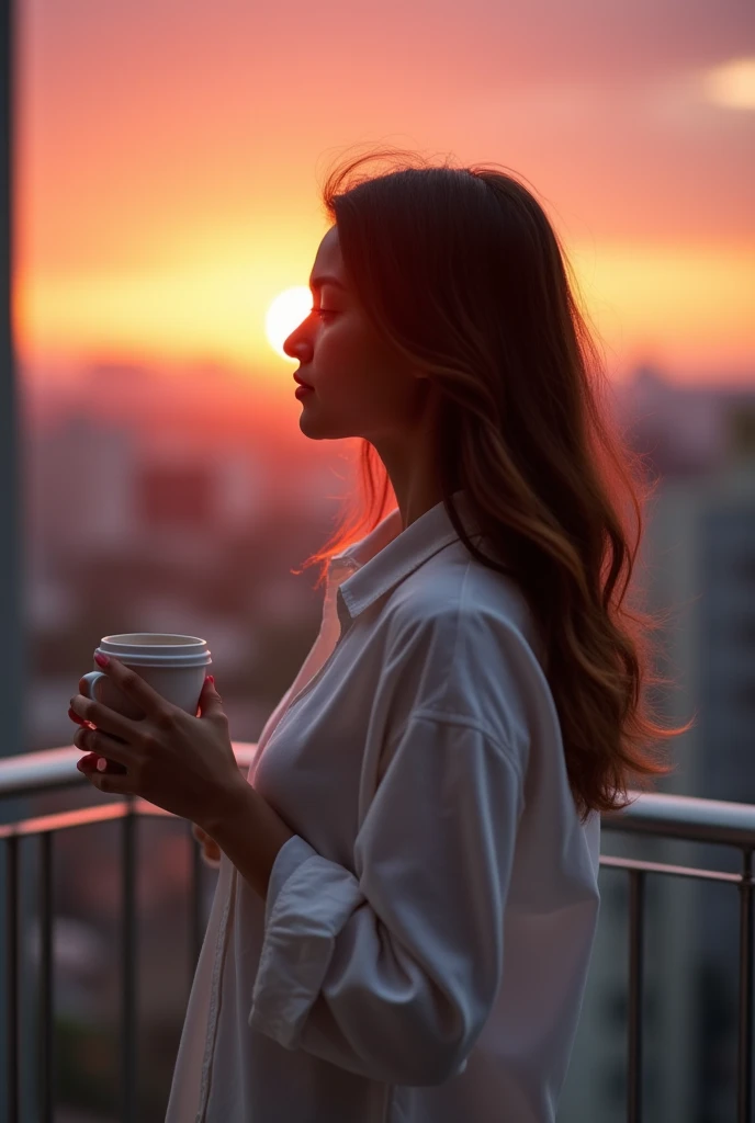 A room in a high-rise apartment。The back view of a woman drinking coffee and basking in the morning sunshine pouring in through the living room window。