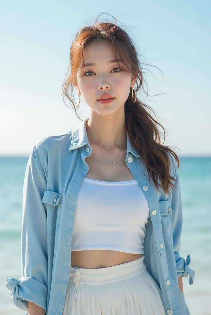 ((Best quality, 8k, Masterpiece :1.3)), 2 girl, Pretty woman with emphasizing slender abs :1.3, (random hairstyles :1.2), Oversized tank top :1.2, Ultra-detailed face, Detailed eyes, Double eyelid, armpit, on beach, standing with bikini