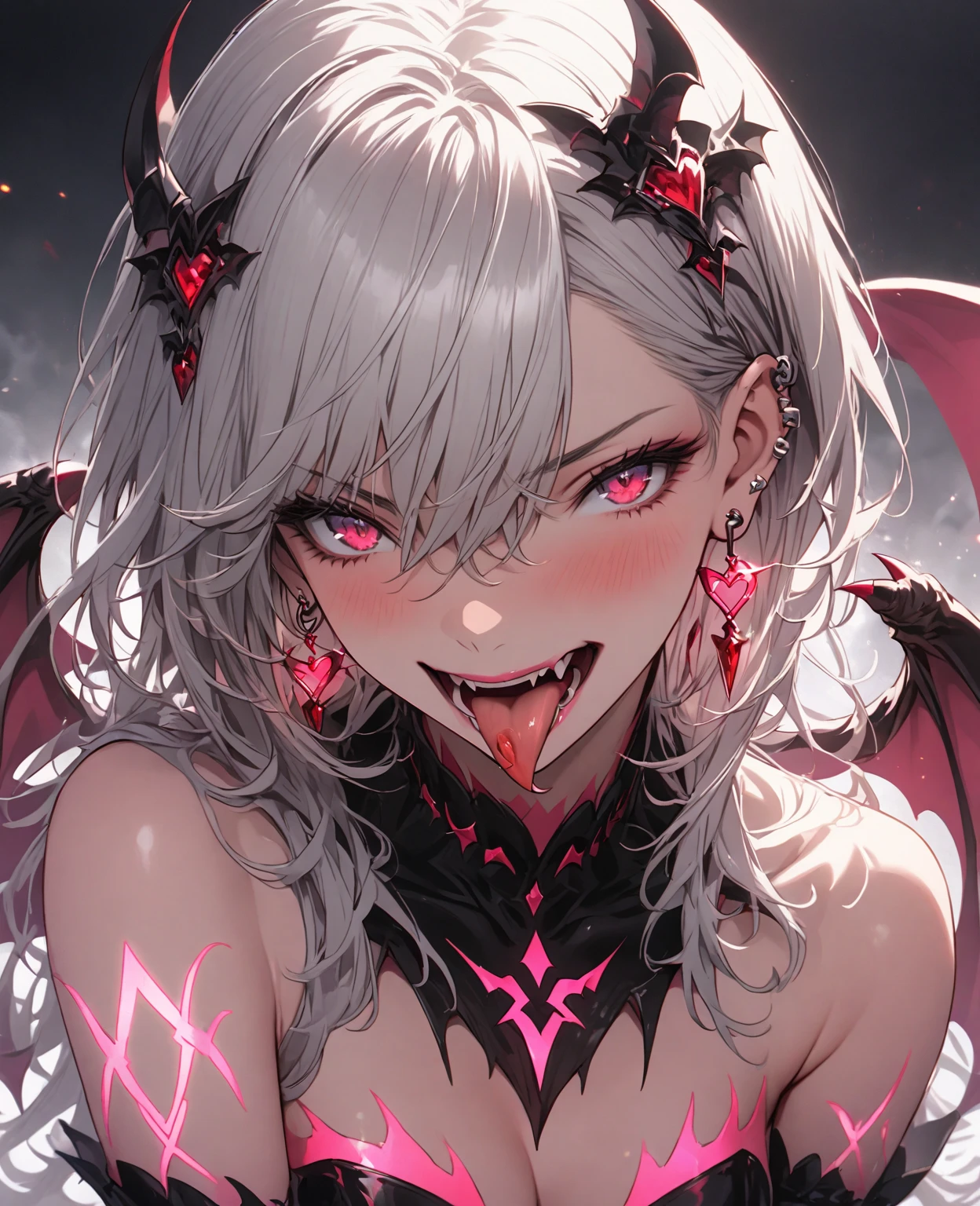 tongue,Gal,Earrings,green,Luminous tattoo,Silver Hair,succubus