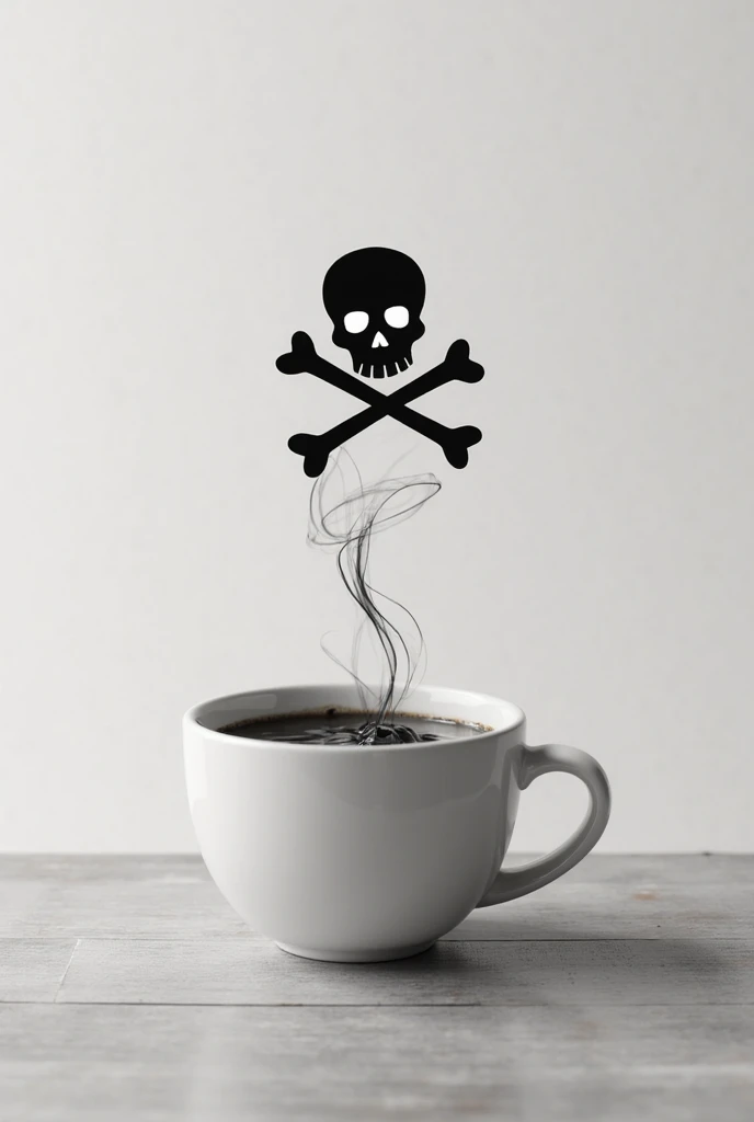 A stylish pirate-themed cafe logo. The mug of coffee has pirate-themed items floating in it, such as a floating raft. A very cool, chic, and modern design. The background is white.