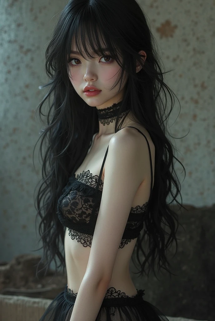 masterpiece、8k、32K、highest quality、(Details of both eyes)、(cute japanese woman、bangs:1.3)、23 years old、1 girl、elegant、black hair、(movie、Ilford HP5、80mm、written boundary depth:1.4)、(Huge :1.2)、(black lace underwear:1.3)、take off pajamas