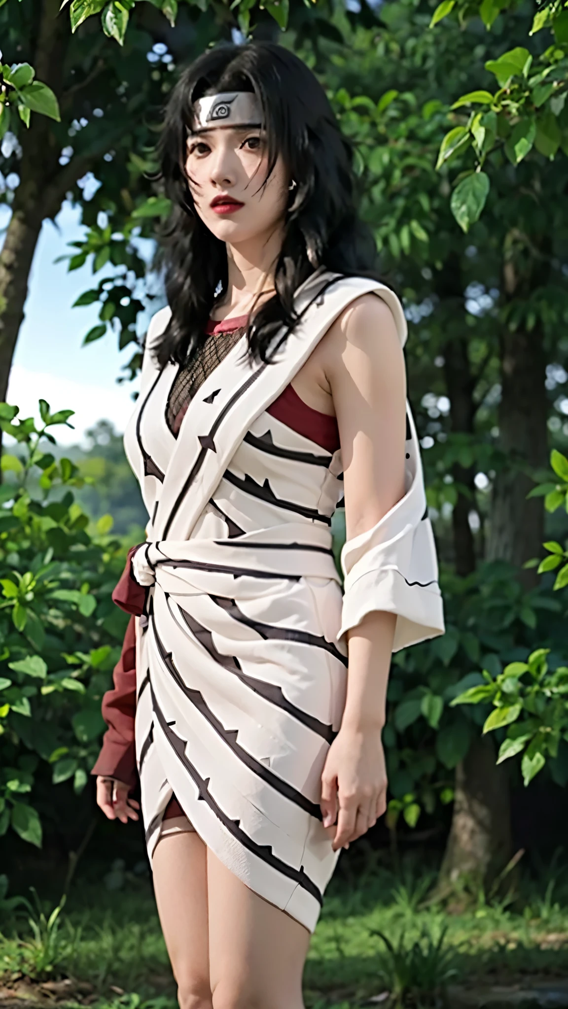 "A hyper-realistic depiction of Kurenai Yuhi from Naruto Shippuden in real life. A beautiful woman with fair skin, long black wavy hair, deep red eyes, and a calm, graceful expression. Wearing her signature mesh-style outfit with a long white robe, modernized slightly for realism. Standing against a natural forest backdrop with soft morning light filtering through the trees. Detailed textures — realistic skin, flowing hair, fabric transparency and mesh detail. Ethereal, serene atmosphere, cinematic soft lighting. 8K resolution, ultra-detailed, photorealistic style."