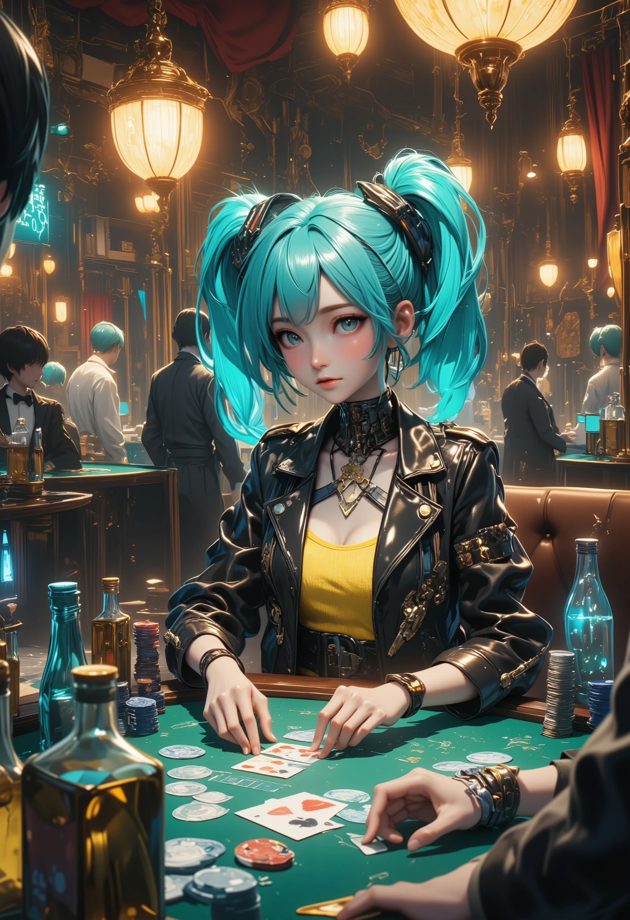 Create a detailed and highly realistic scene depicting Zerg Queen Beautiful Girl: Lanlinger, an 18-year-old little elf with short blue hair, two wings, a cute face, blue eyes, and elf ears. She is wearing a small one-piece swimsuit-like outfit and has a large chest. Lanlinger is seated at a casino table, surrounded by the opulent and luxurious decor of a casino. The background should be mysterious and magical, enhancing the enchanting atmosphere of the scene. The entire scene should be in an oil painting style, with 8k resolution to capture the essence of a masterpiece