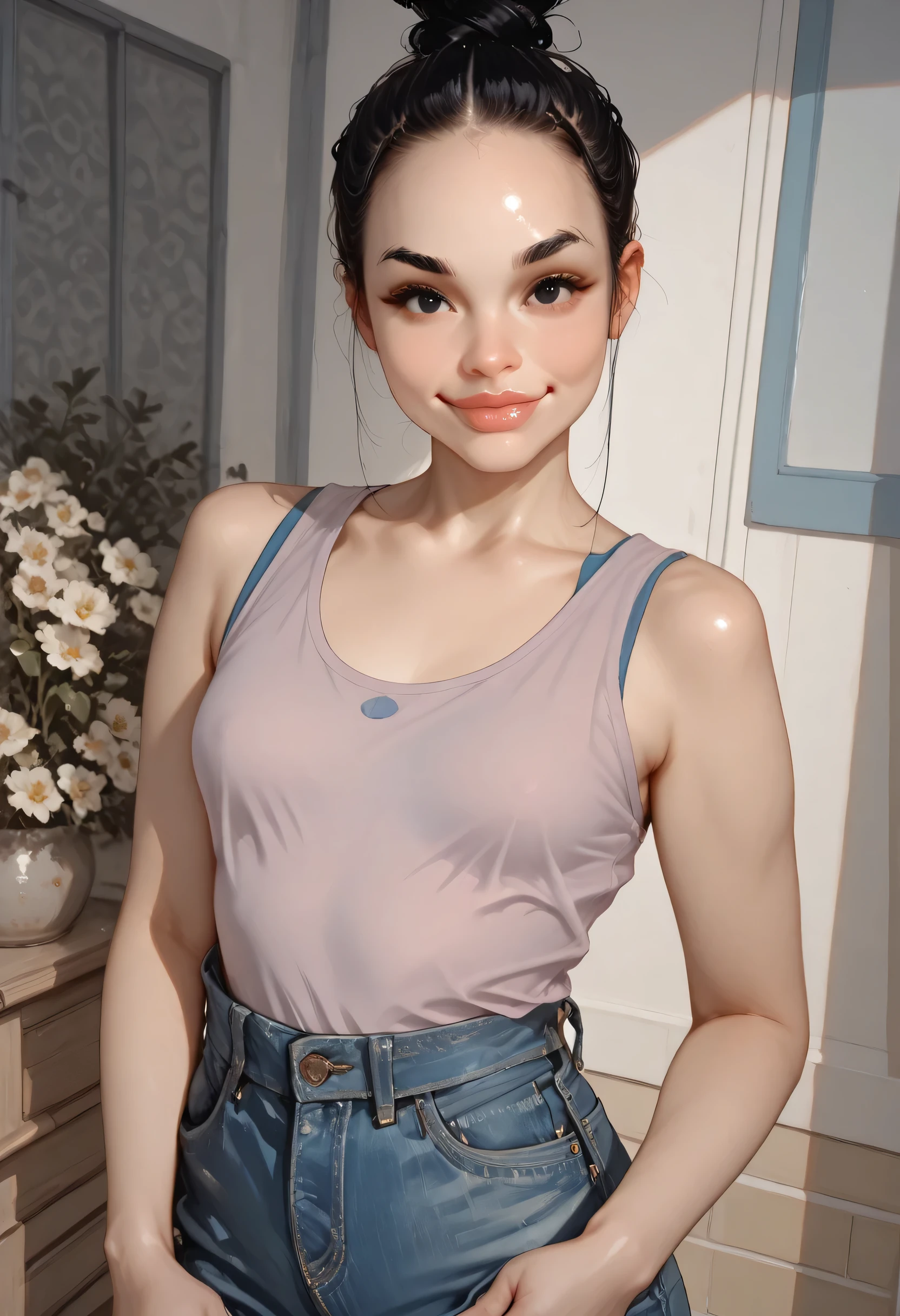 1girl, looking at viewer, black hair, (top knot hair bun), (forehead), ponytail, black eyebrows, thin eyebrows, black eyes, nose, lips, thick lips, smile, tank top, blue tank top, small breasts, denim pants, jeans pants, standing
