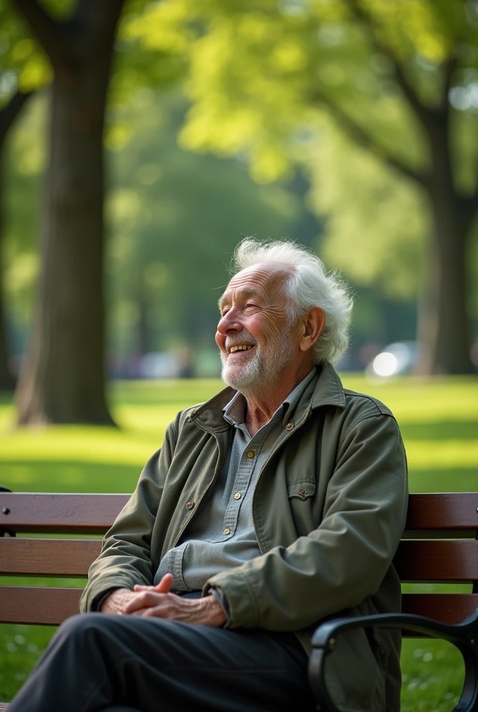 An elderly man with a warm smile, wearing a traditional wool sweater and a flat cap, sitting on a wooden bench in a peaceful park surrounded by autumn leaves. He has a cane resting beside him.