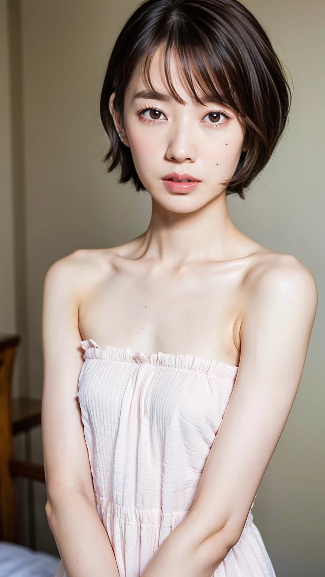 Girl, naked. Skinny body, small bust, short hair, Very curly, tomboy
